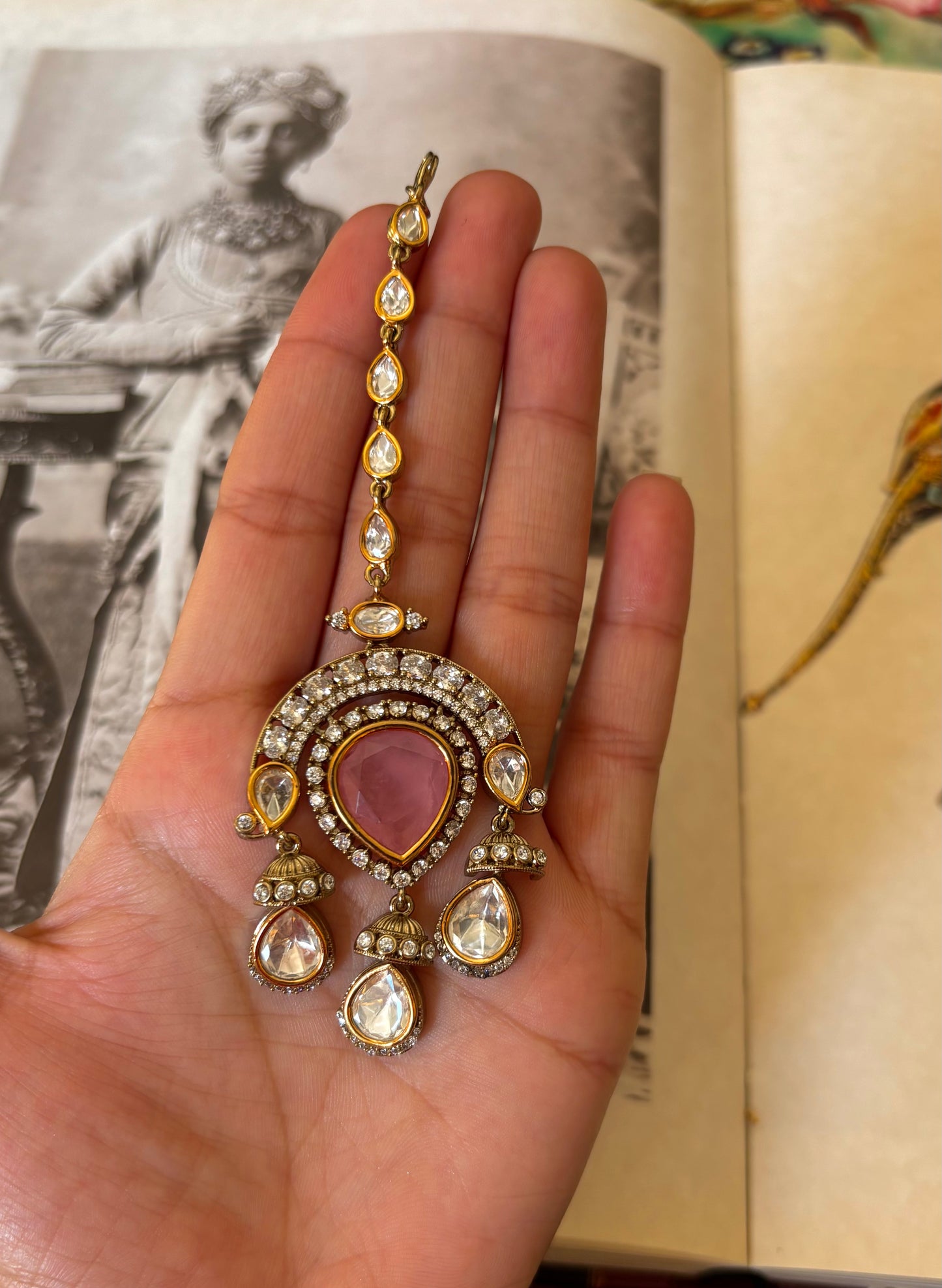 Rose pink victorian maangtika