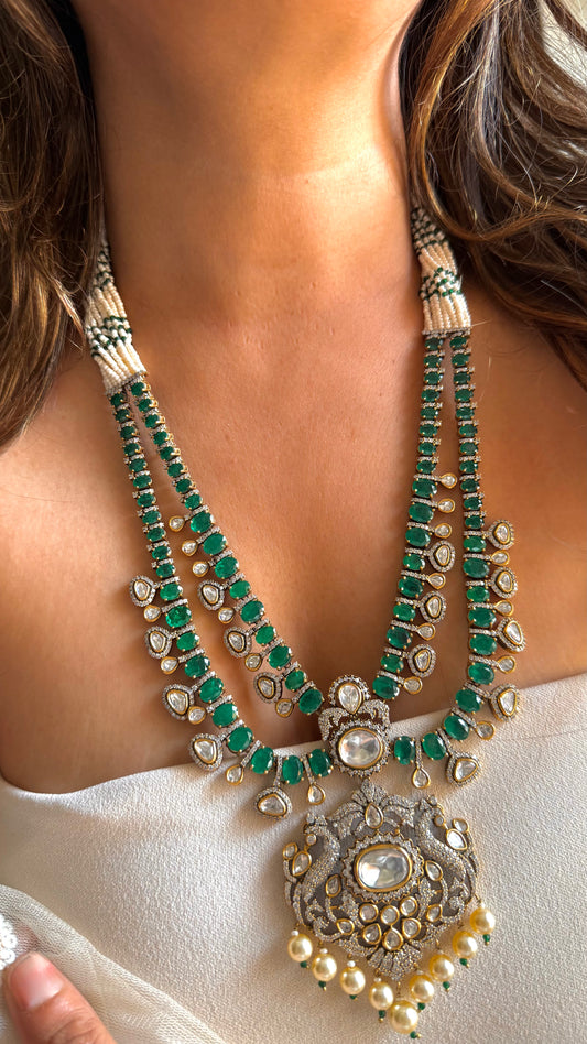 Emerald & Moissanite Polki Designer long necklace