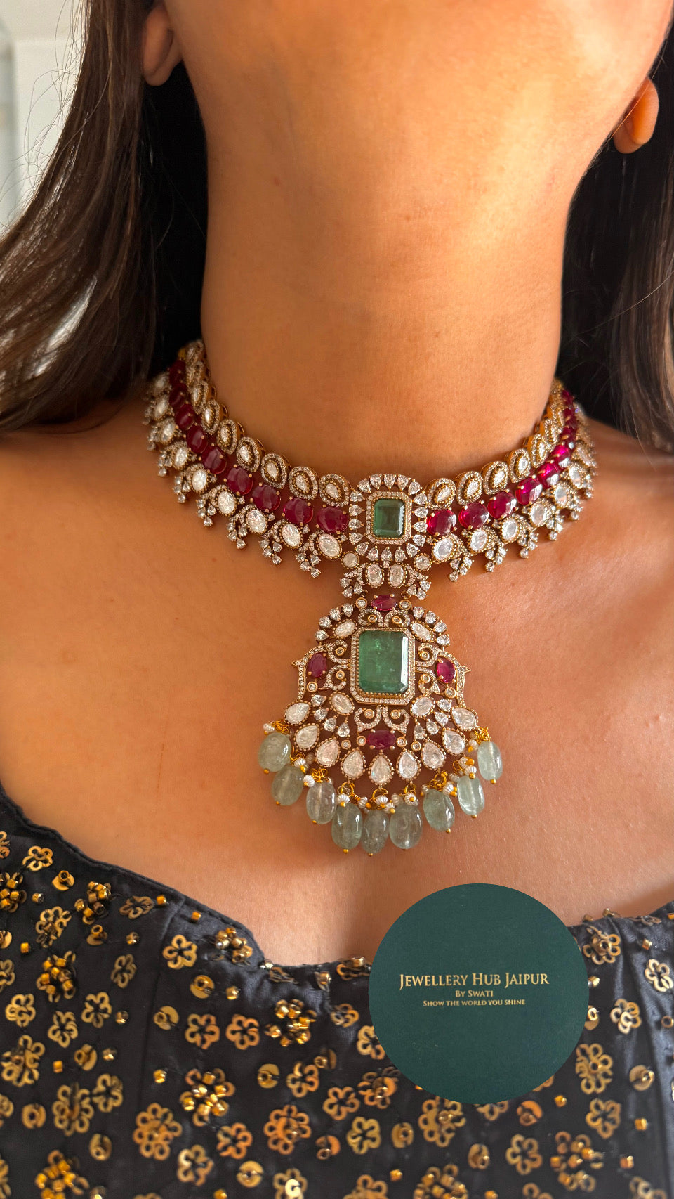 Rani pink & mint bridal Asia inspired collar necklace
