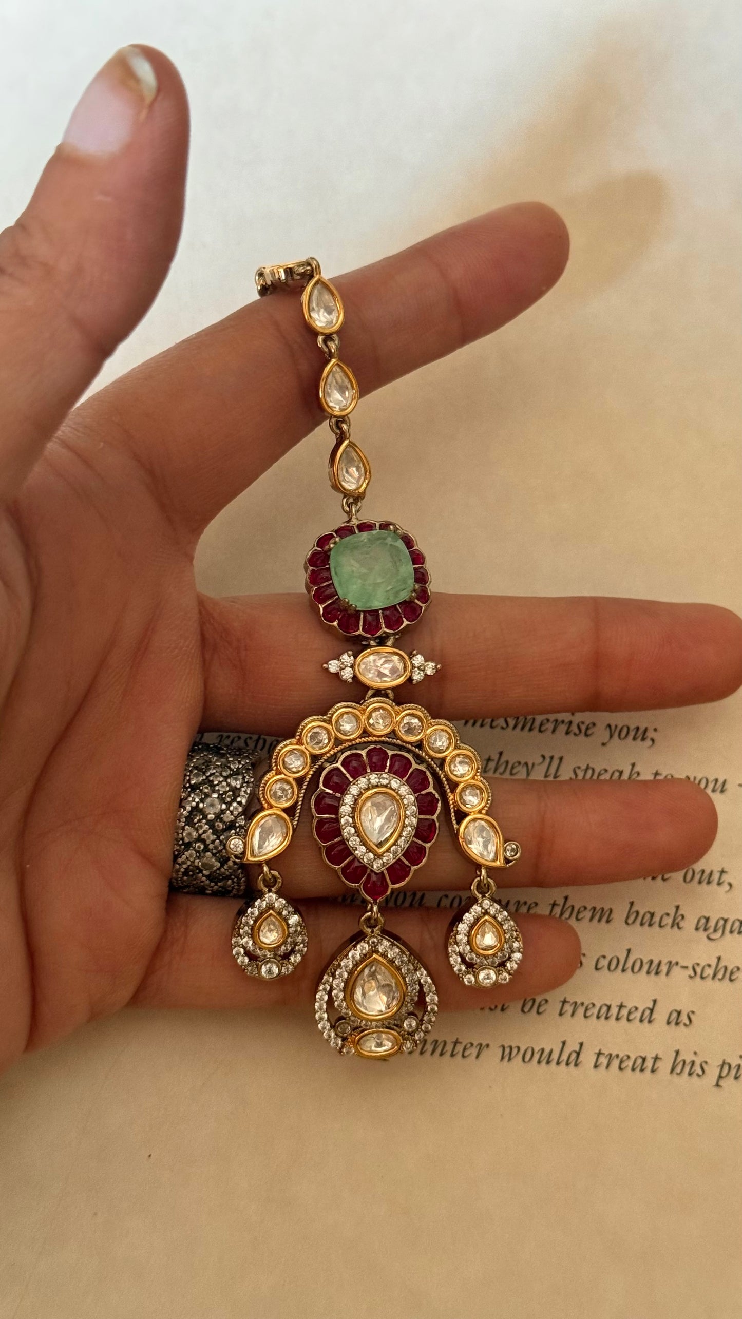 Mint doublet & ruby floral moissanite maangtika