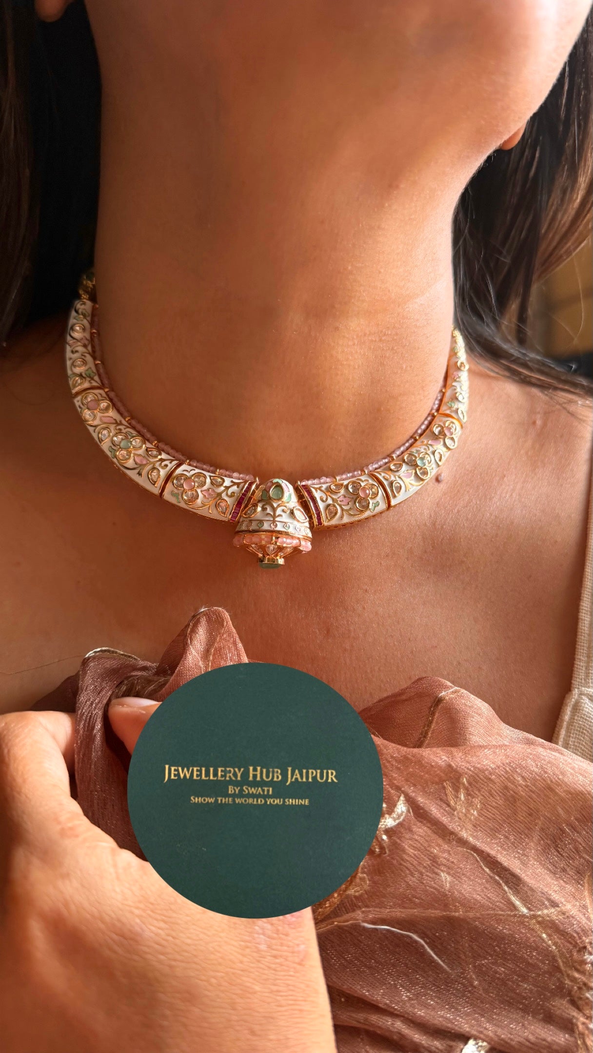 Mint & rose quartz off white meenakari hasli