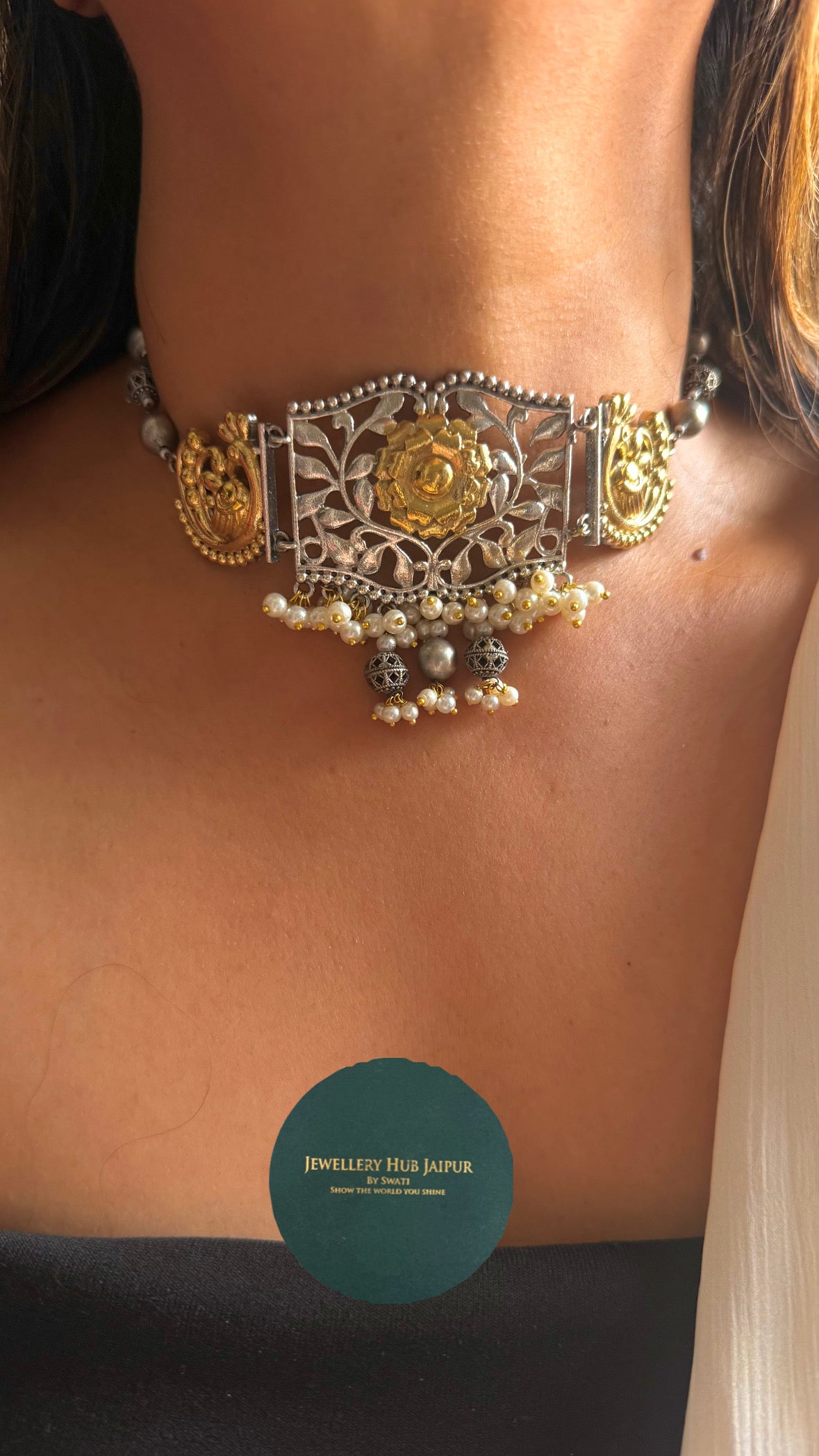 Tribal jodaro Golden Floral Pearl Drop Choker