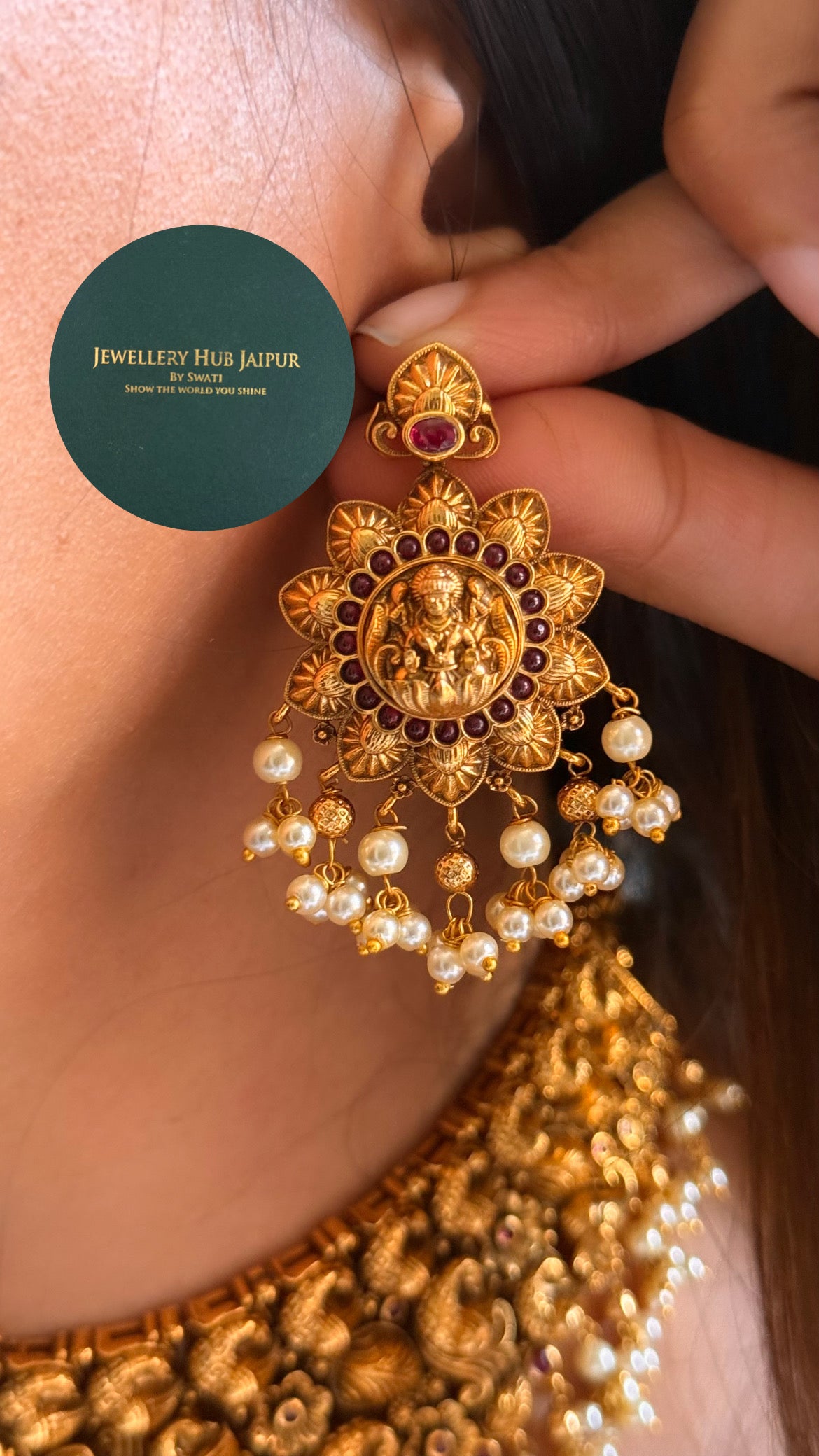 Goddess laxmi & ruby with pearl drops temple choker set
