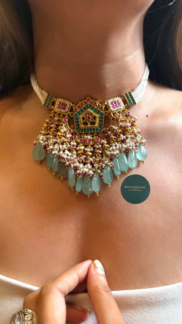 Paachi Royal Rani pink flora, mint & emerald rajwada choker set