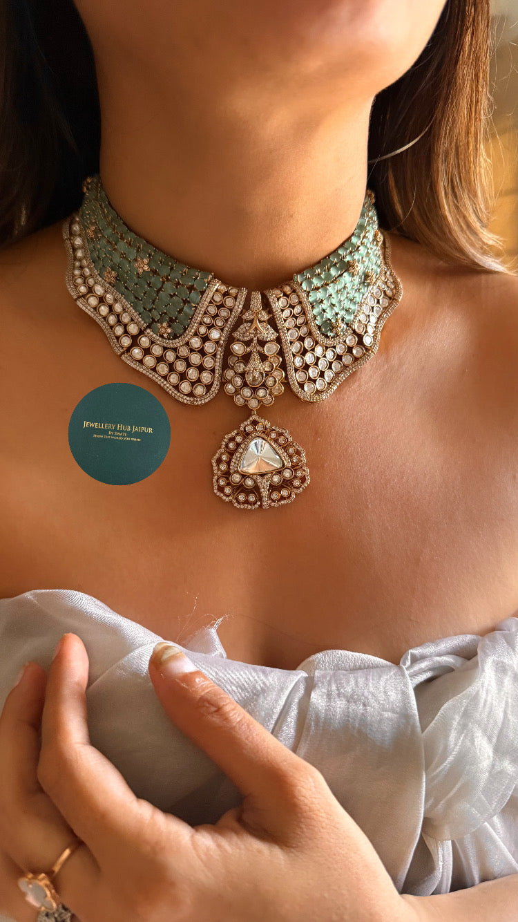 Mint & moissanite polki designer choker set
