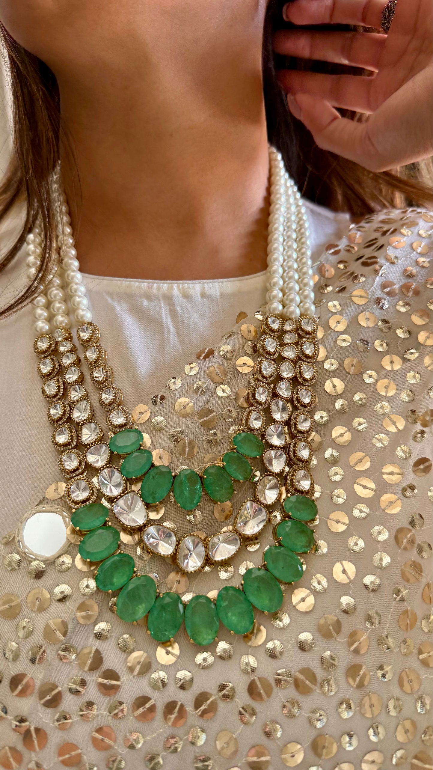 Mint three layered moissanite polki thread maharani haar