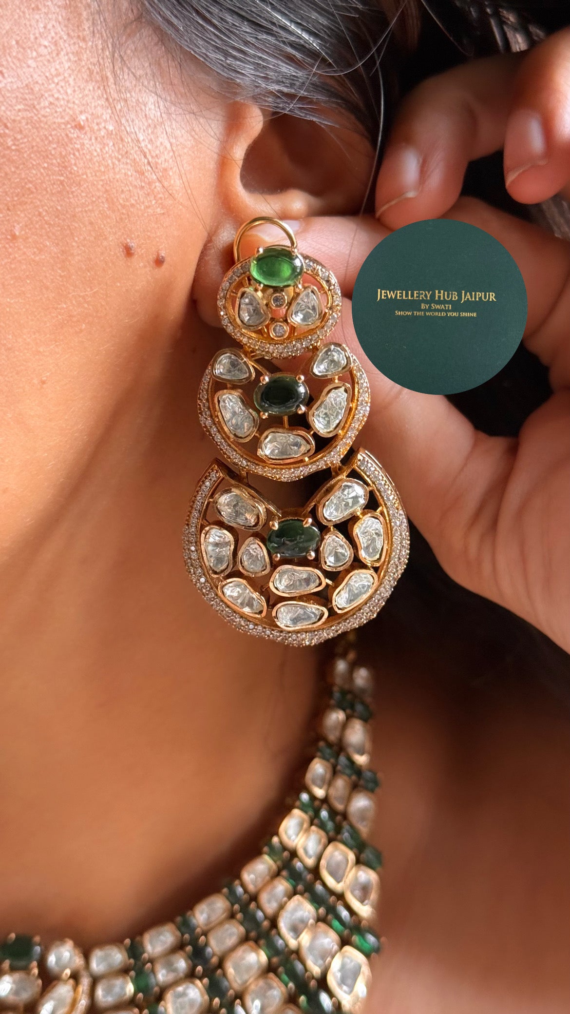 Emerald doublet & moissanite uncut polki Victorian choker set
