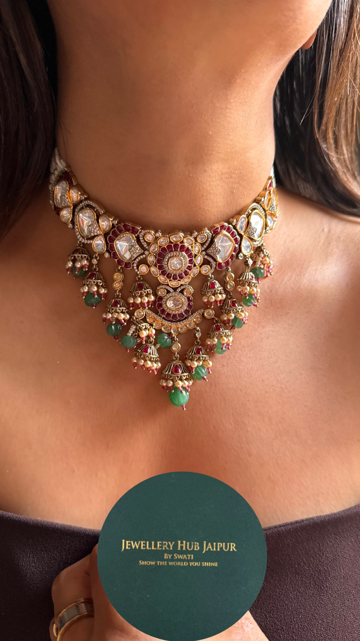 Ruby vintage with mint jhumki detailing choker necklace