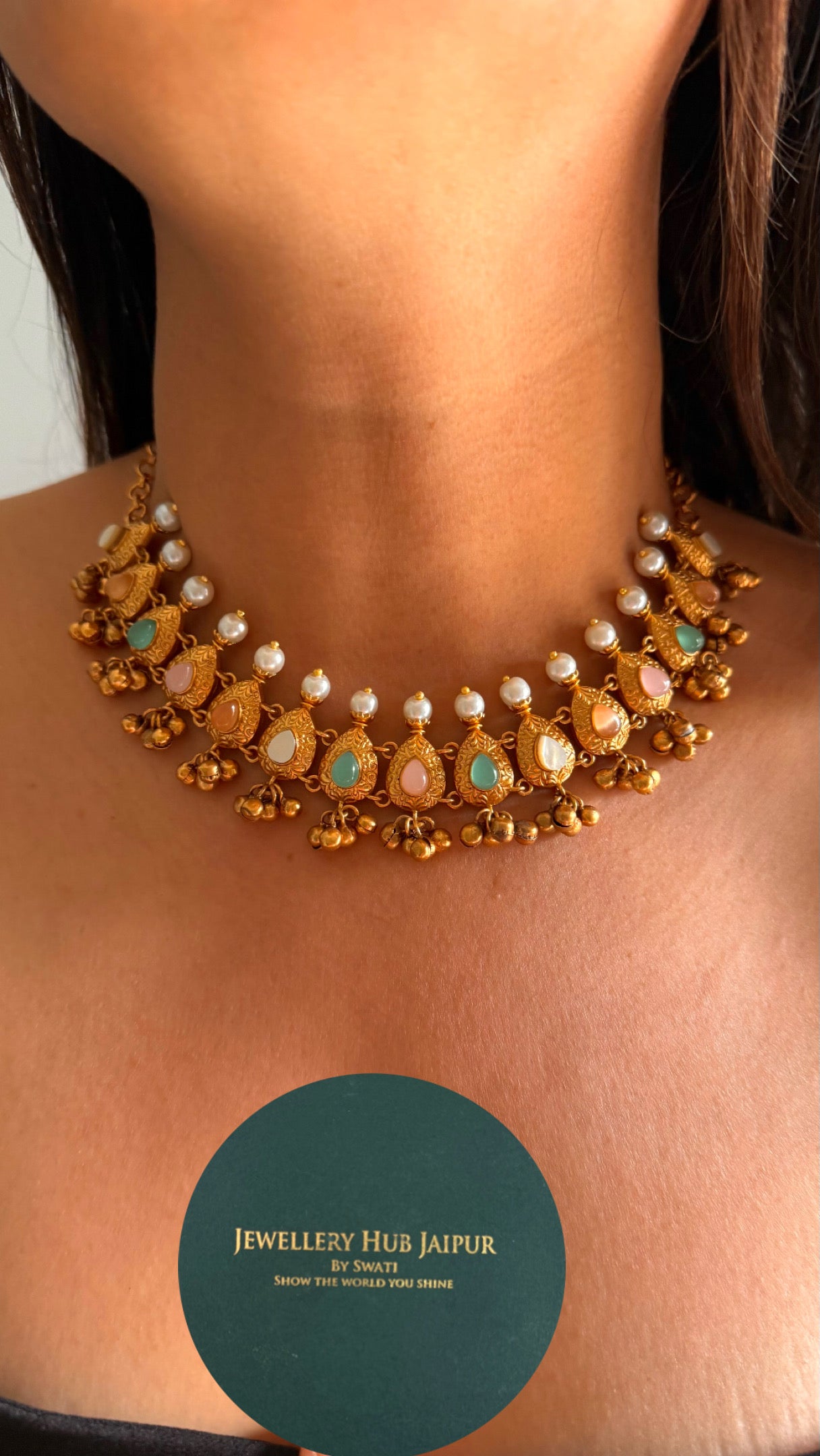 Rose & mint tear drop minimal collar necklace