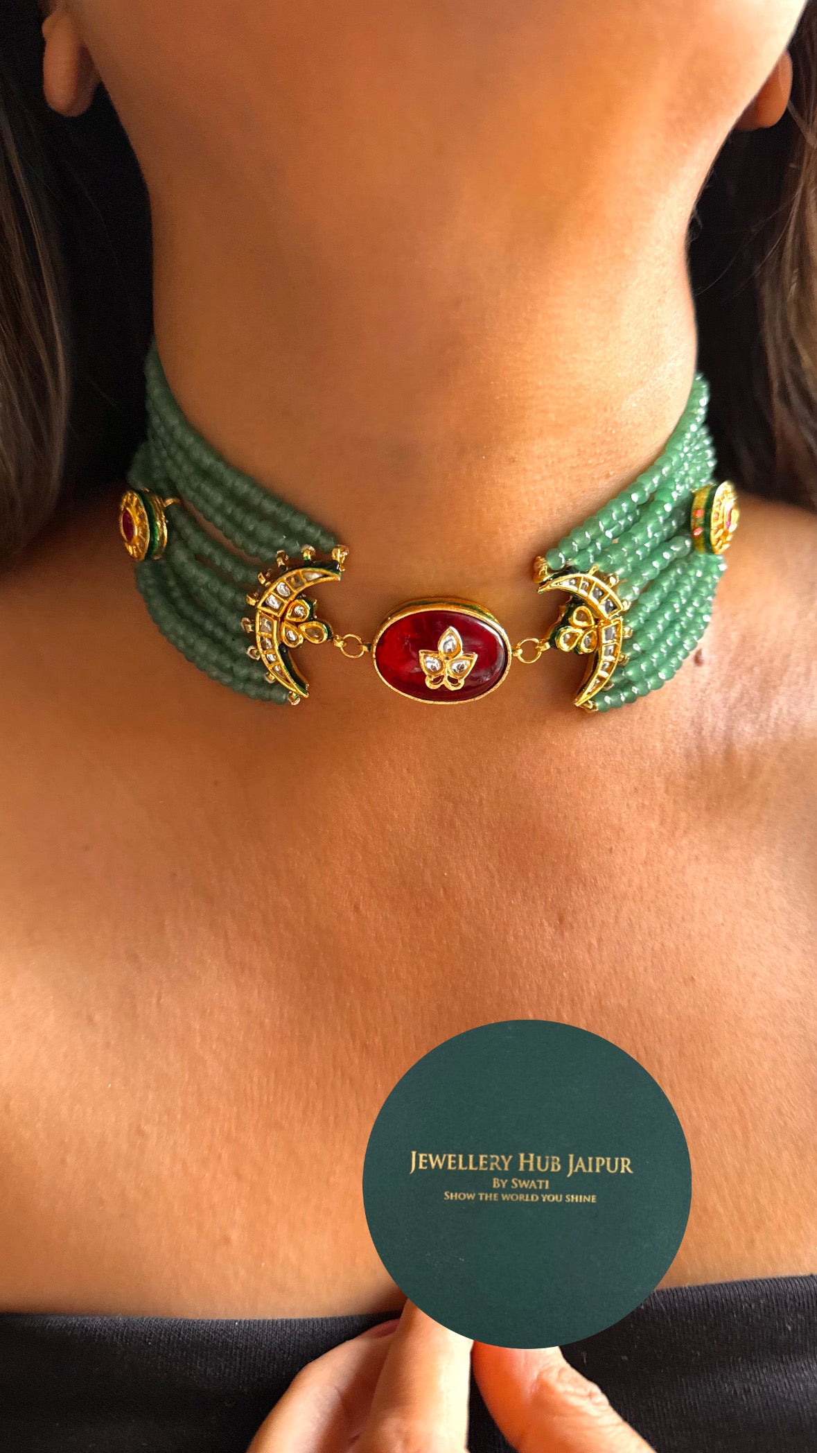 Ruby inlay half moon shape emerald meenakari thread choker Necklace set