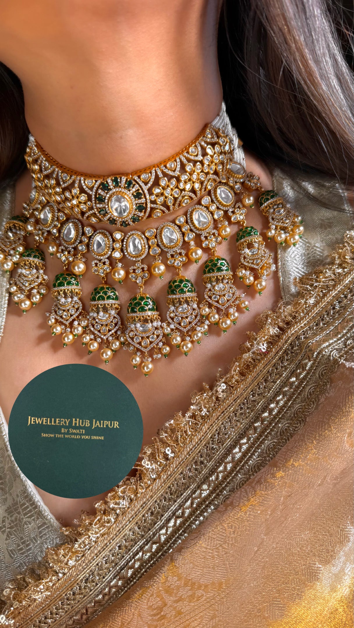 Emerald dual layer real Moissanite takkar work bridal choker