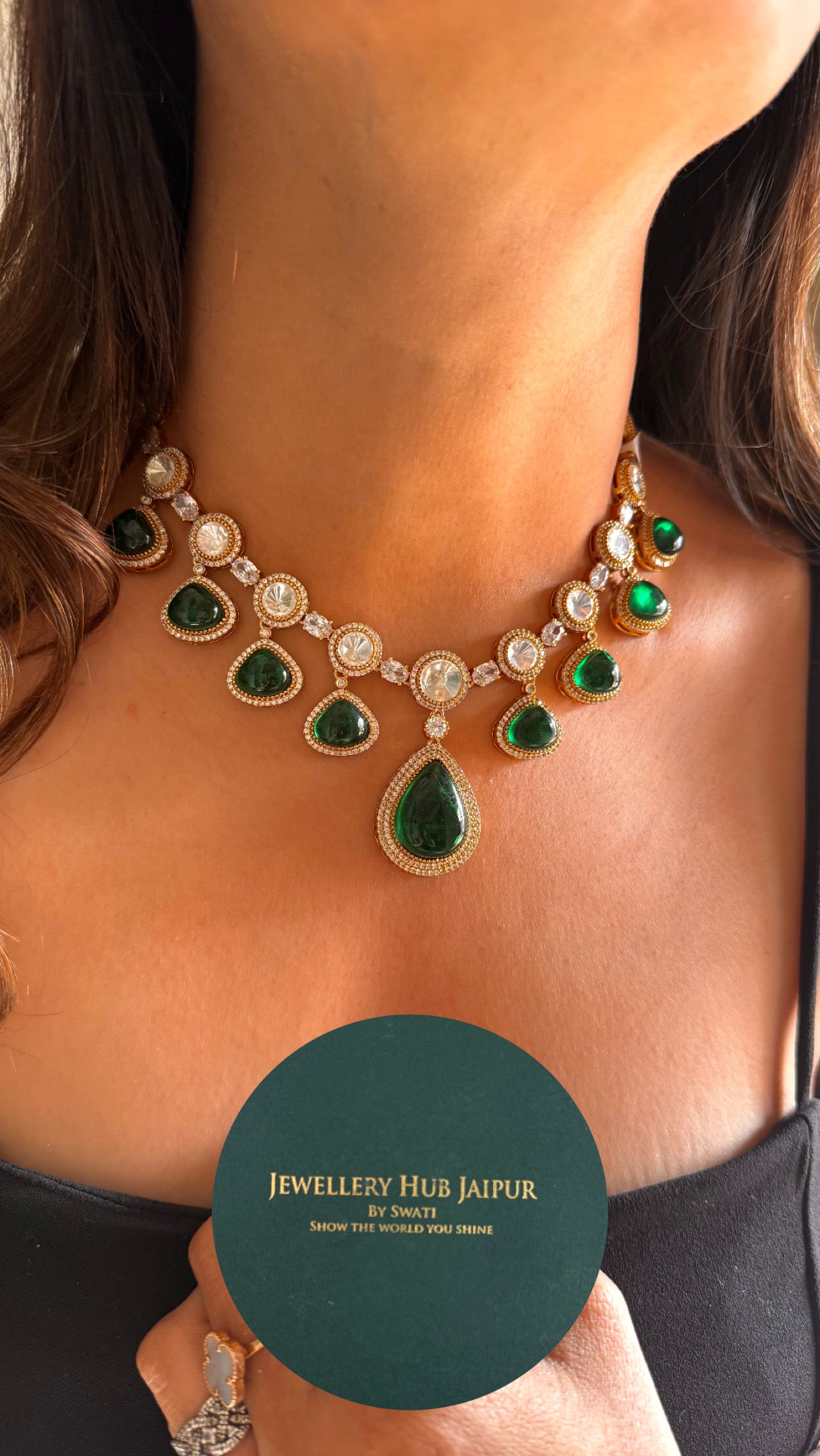 Emerald doublet gold polki necklace