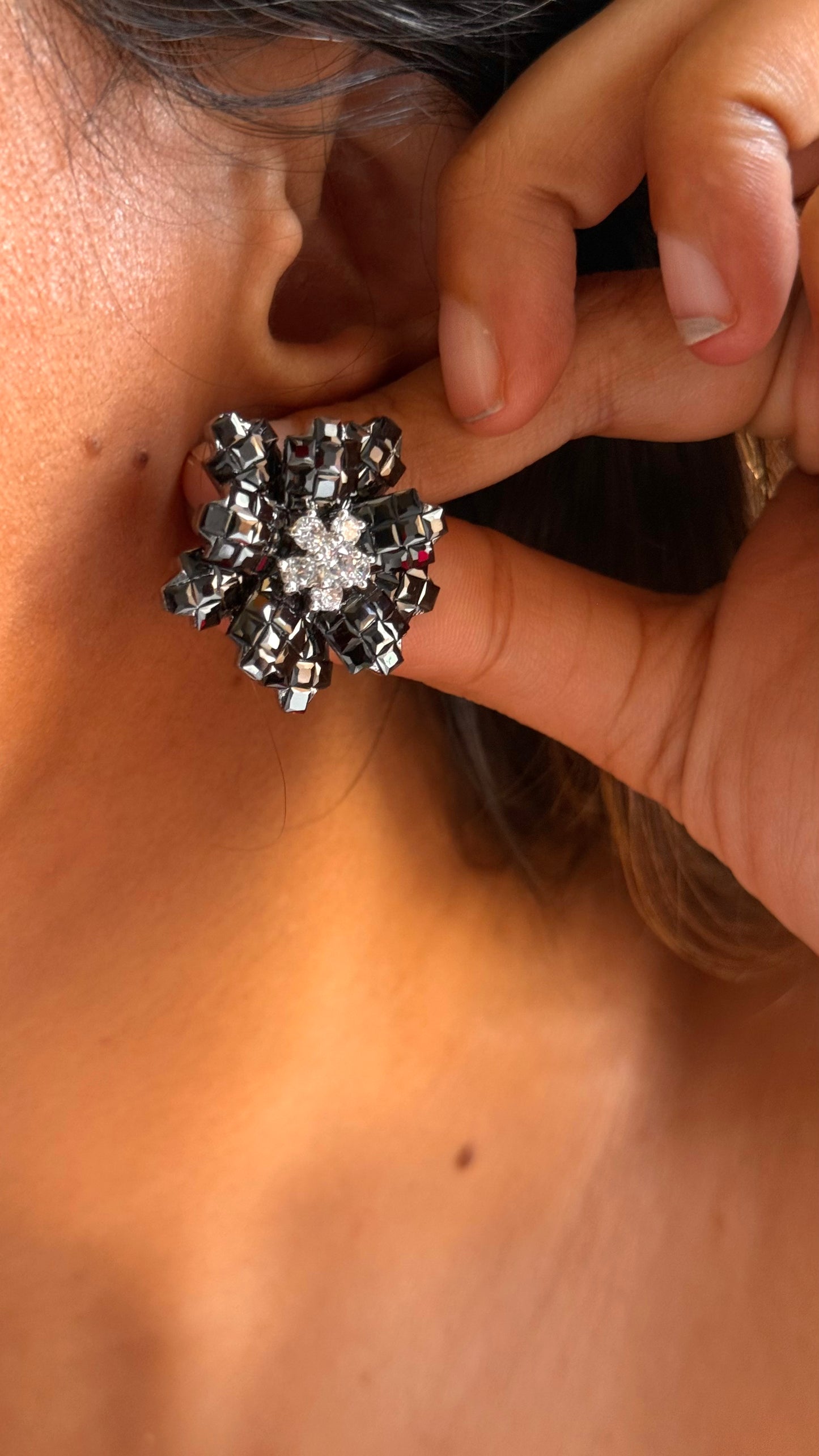 Black diamond floral studs