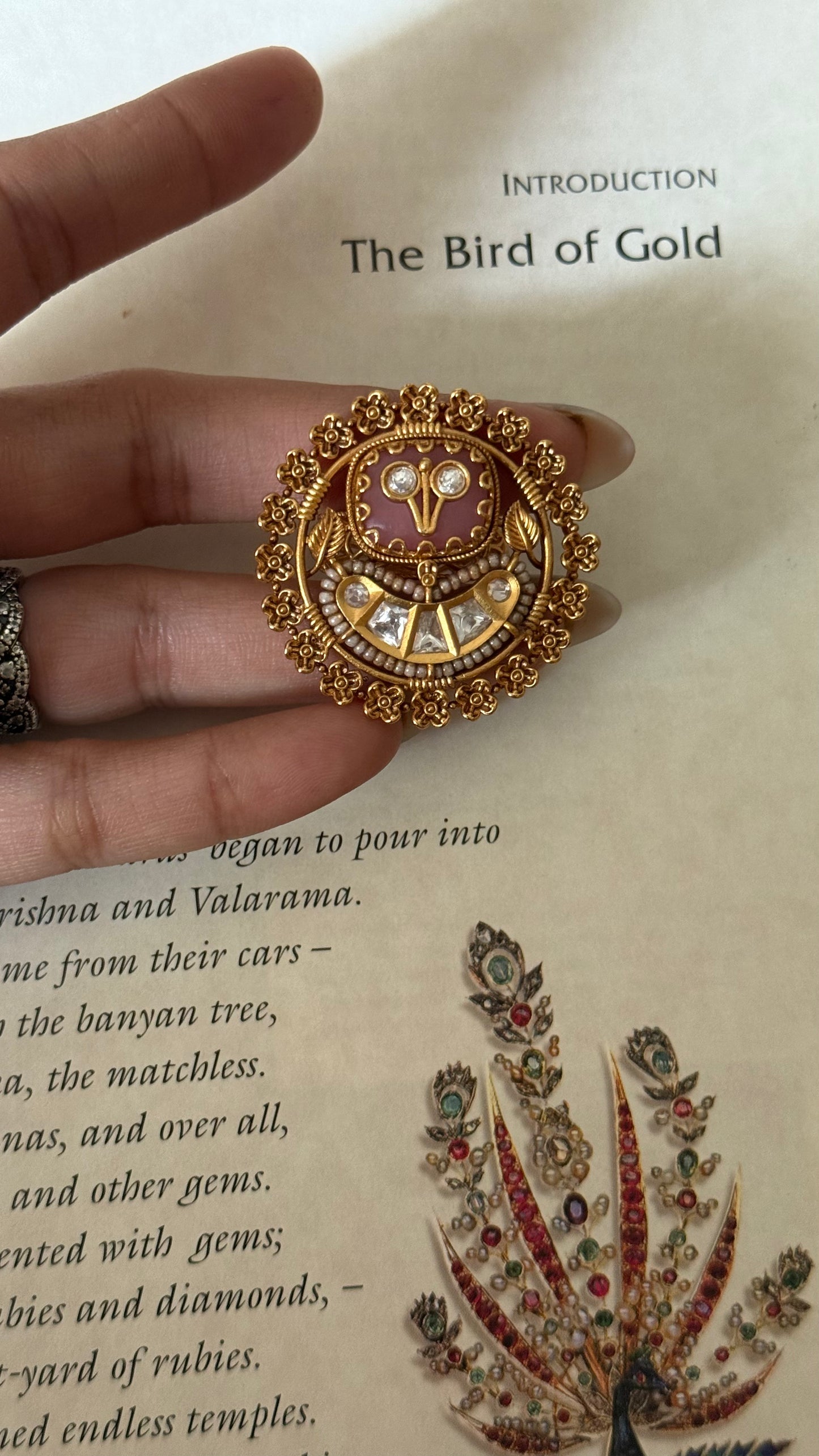 Rose quartz inlay Rajwada adjustable ring