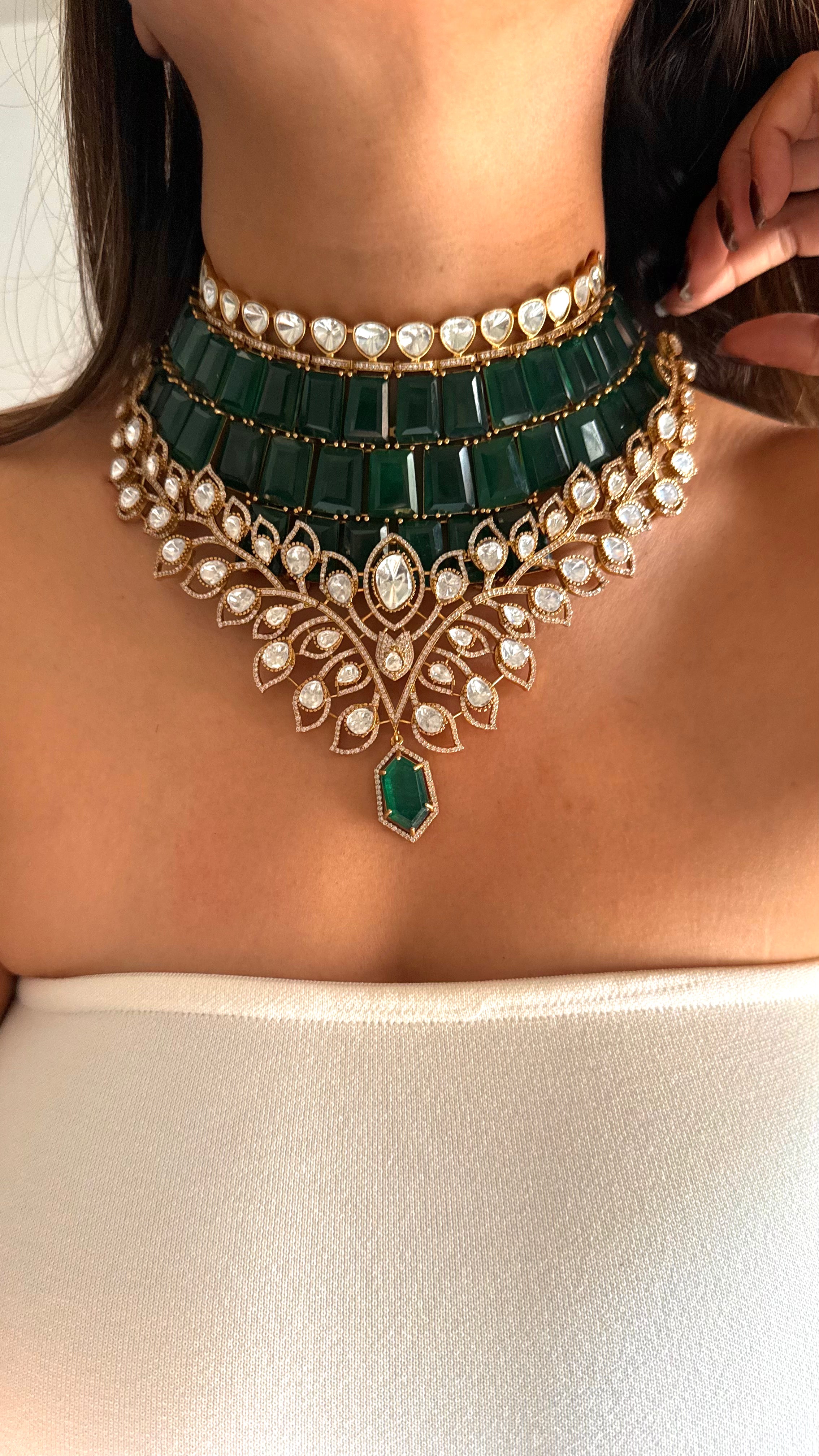 Emerald doublet Moissanite Polki leaves designer choker