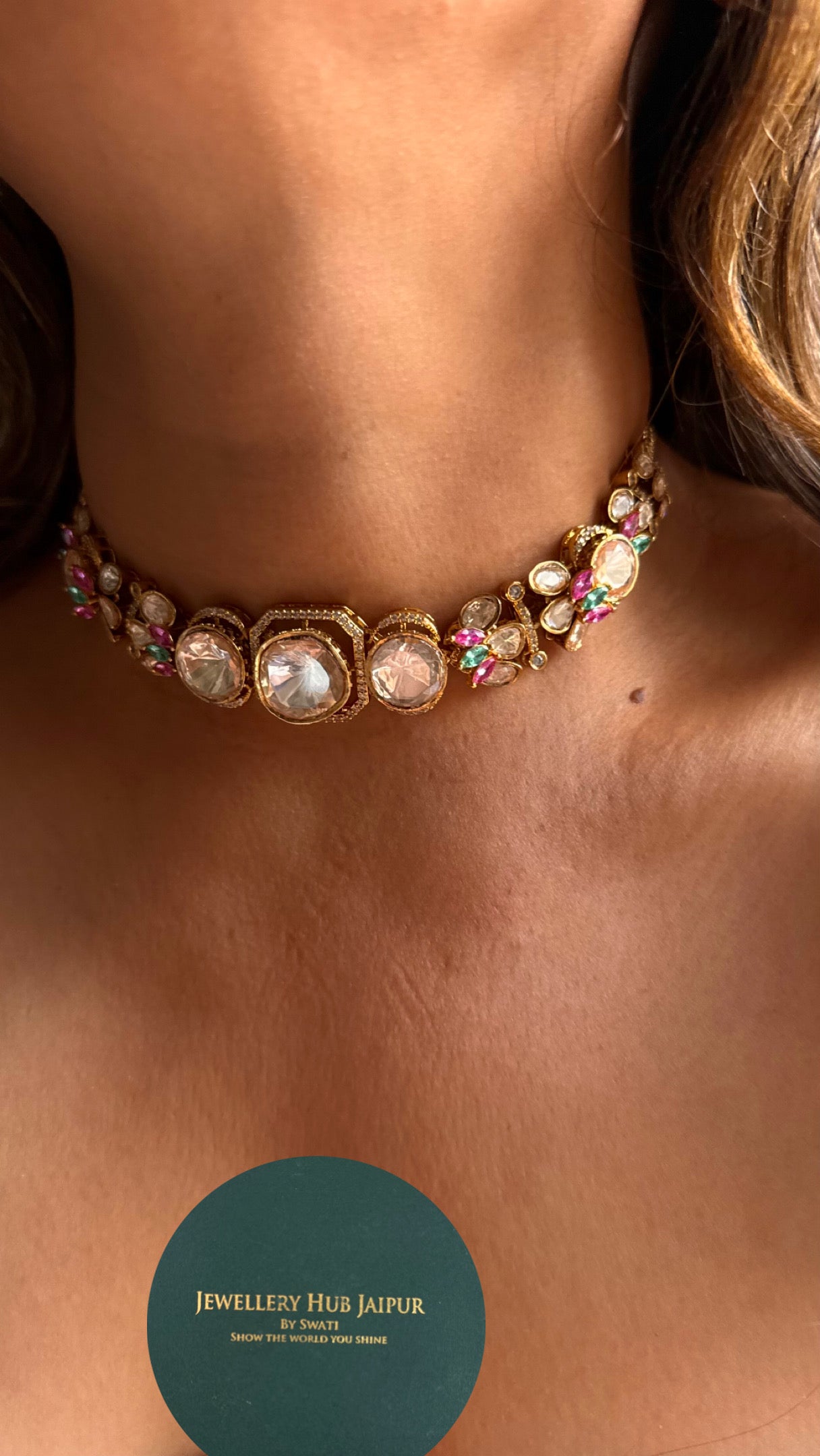Real Moissanite peeli polki mint pink necklace