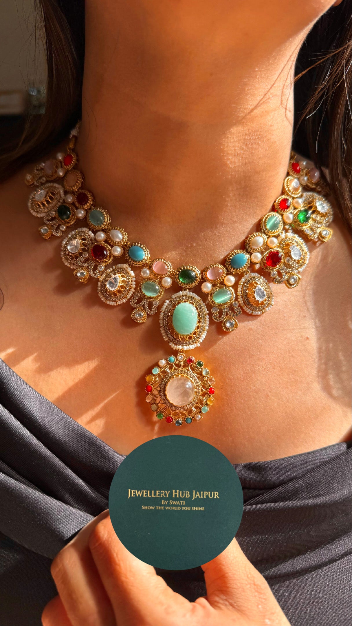 Navratna firoza & white pendant choker set