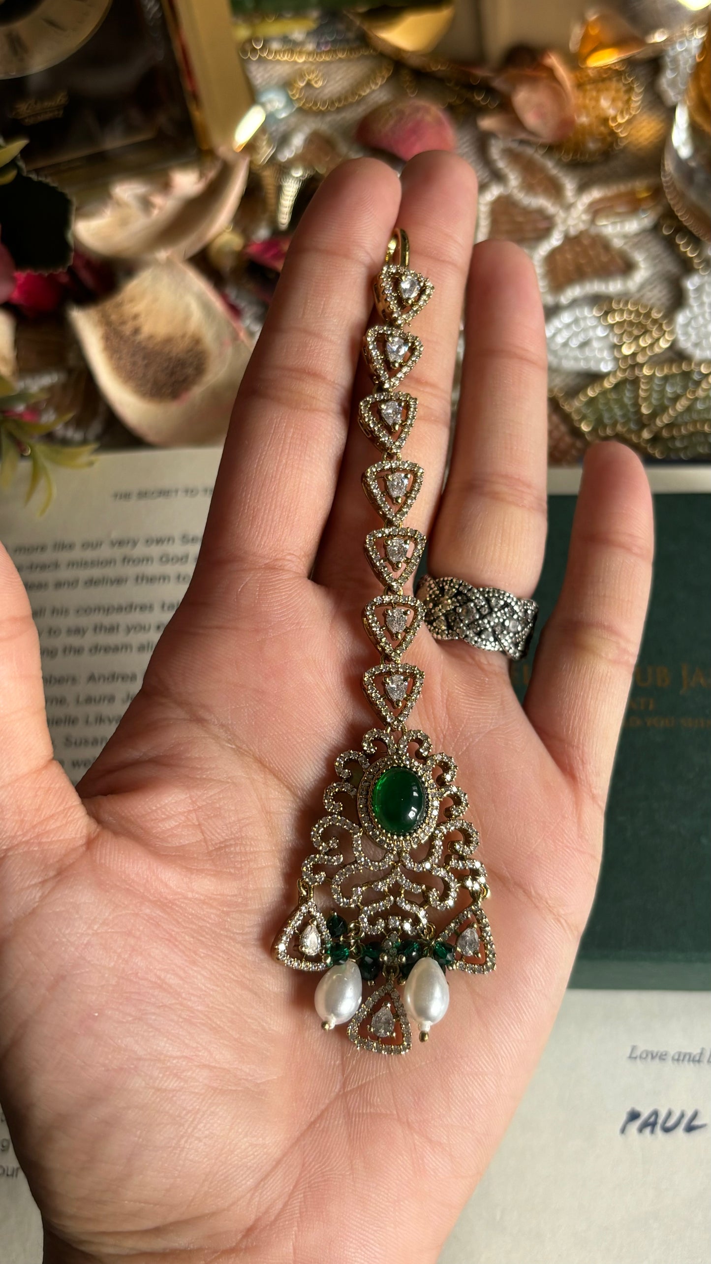 Victorian emerald, and diamond pearl drop maangtika
