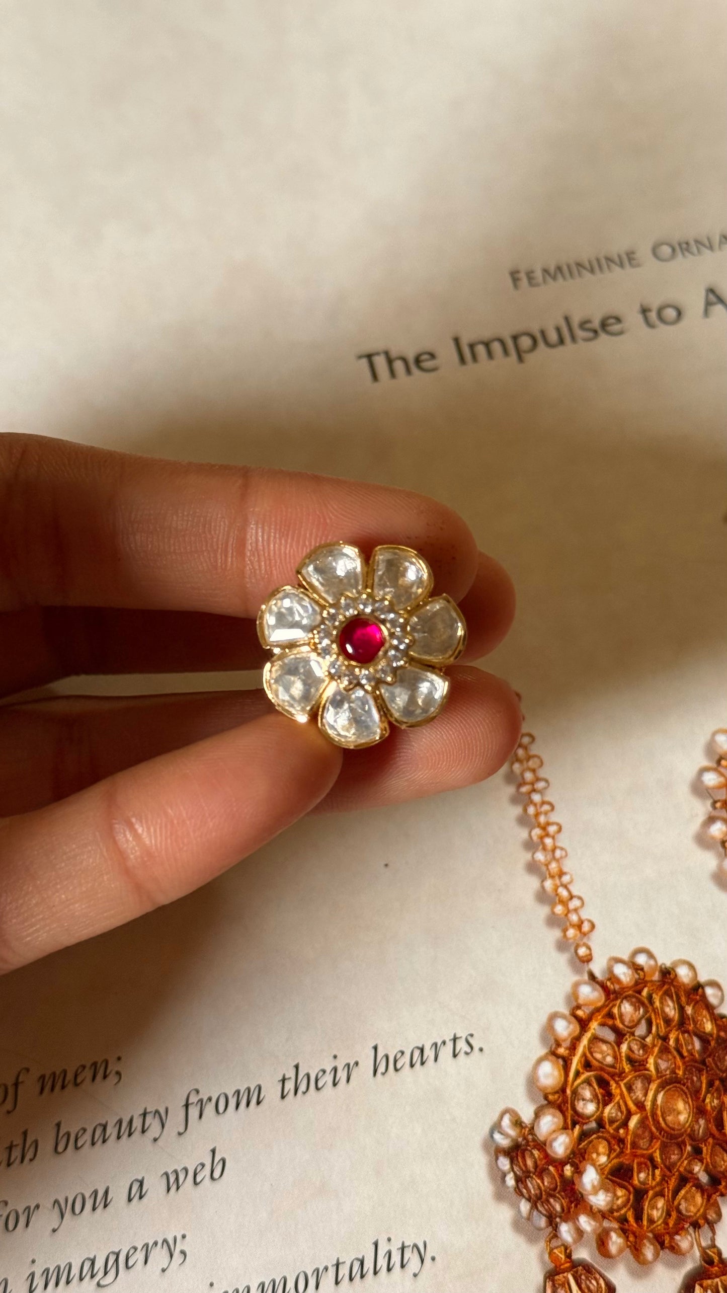 Rani pink floral real moissanite adjustable ring