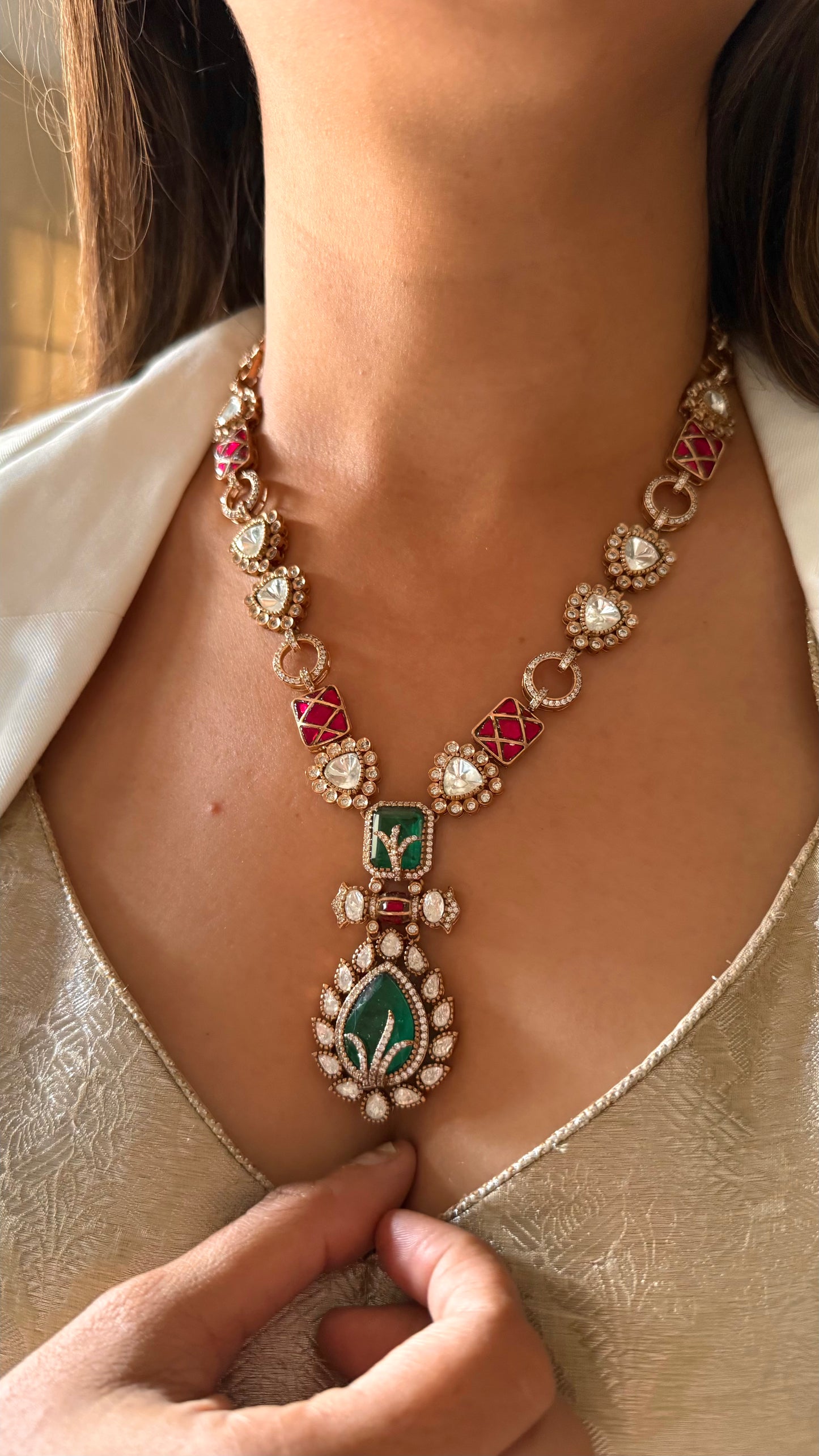 Shiva Emerald doublet & ruby katdana moissanite collar necklace