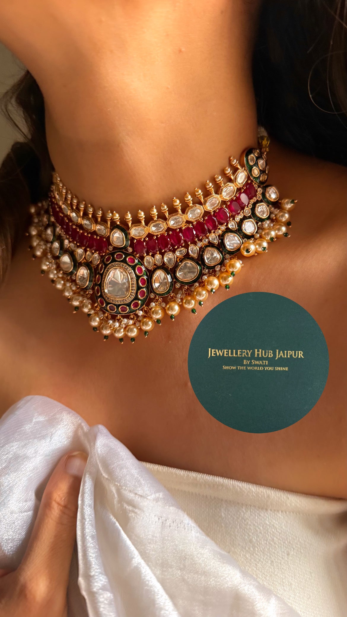 Emerald meenakari & rani pink doublet bombay polki with pearl drop choker set