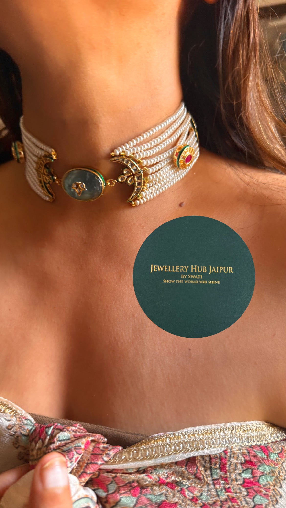 Mint inlay work with emerald meenakari paachi heritage choker set
