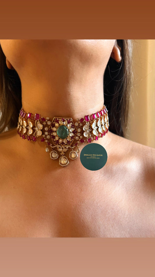 Mint doublet & Rani pink moissanite choker set
