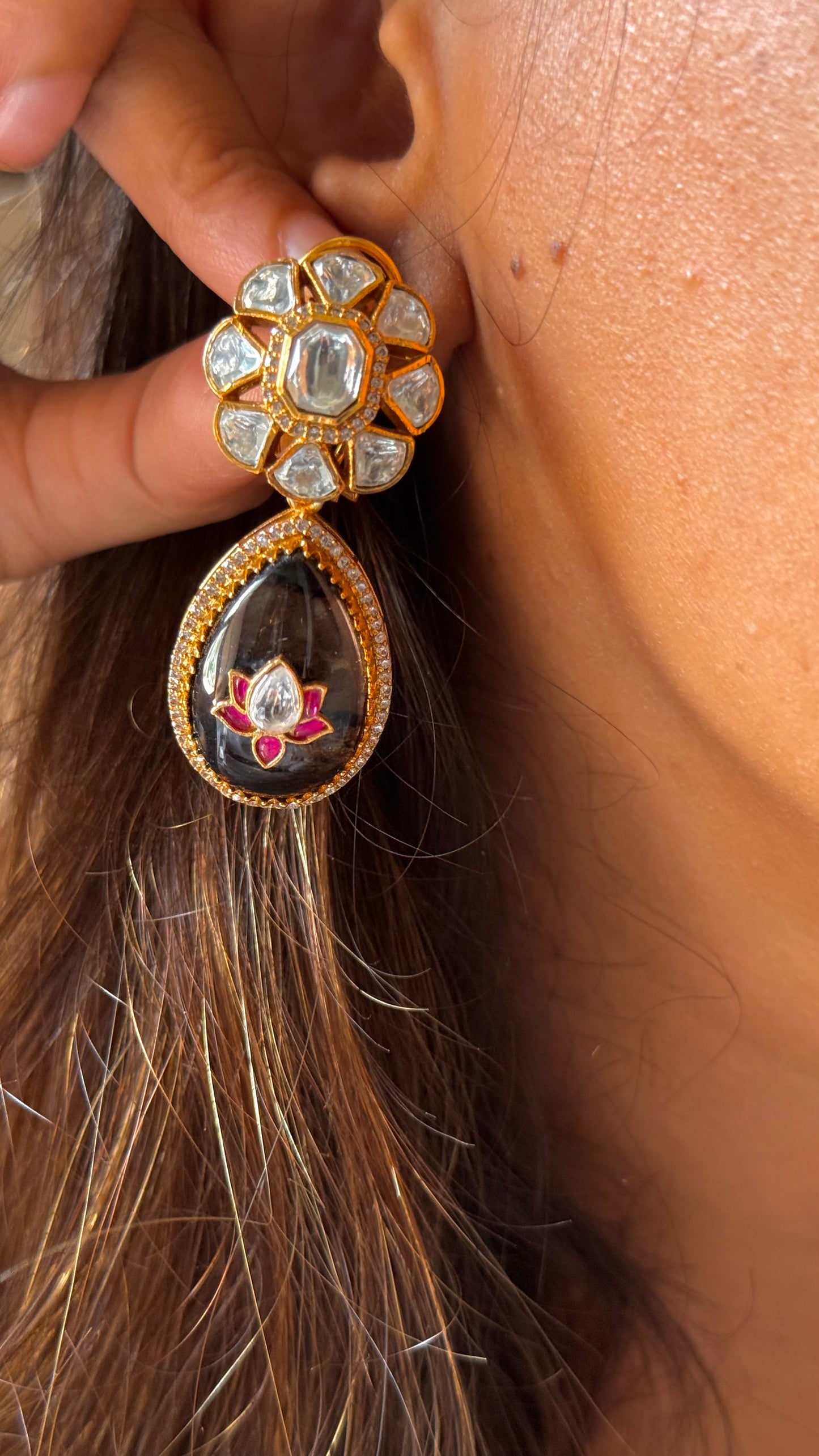 Moissanite lotus motif danglers