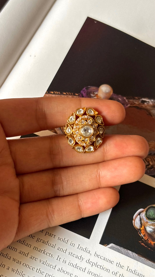 Real moissanite white polki gold ring