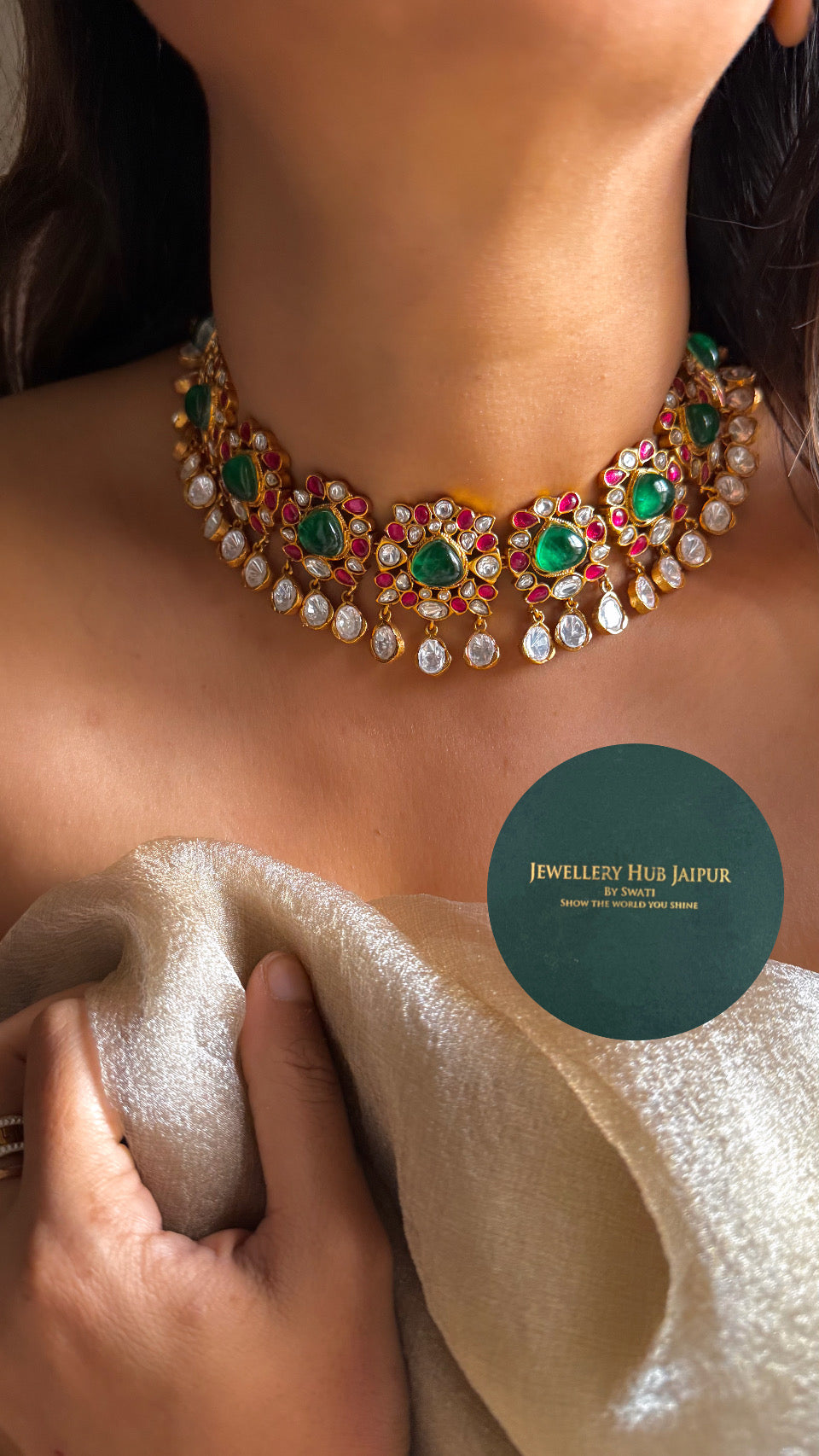 Amrapali emerald & ruby polki necklace