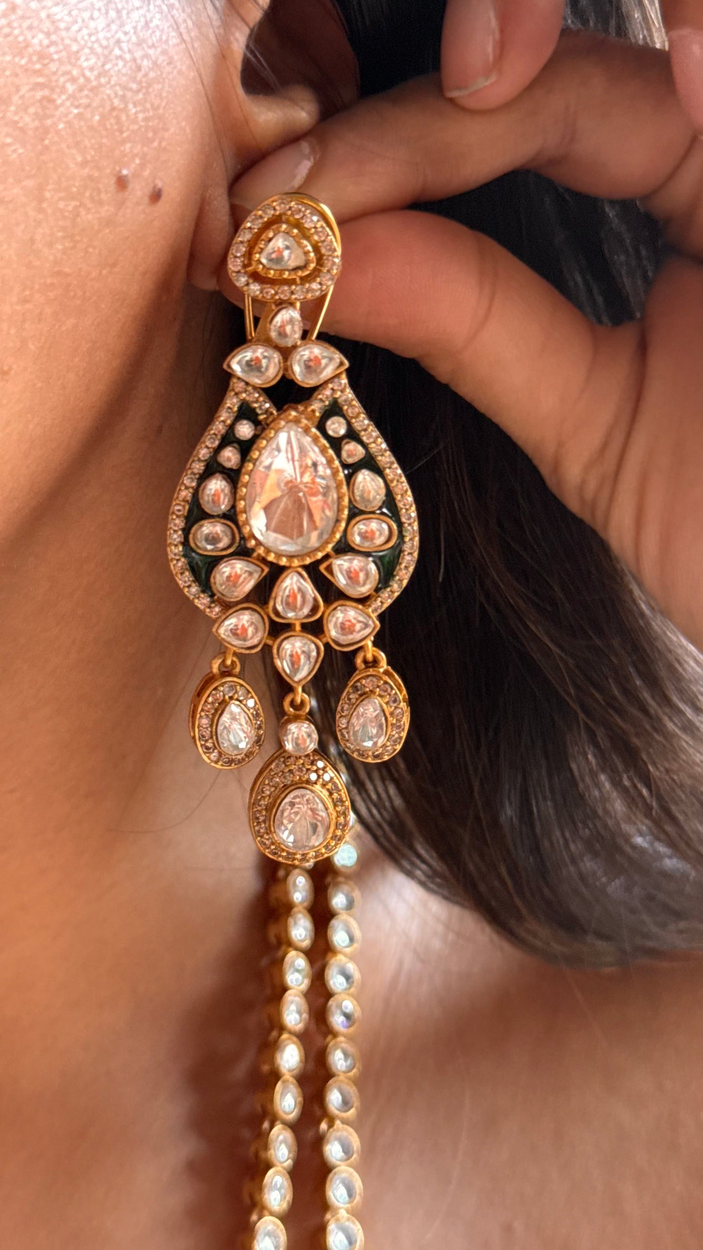 Dual line moissanite polki with pendant long Necklace