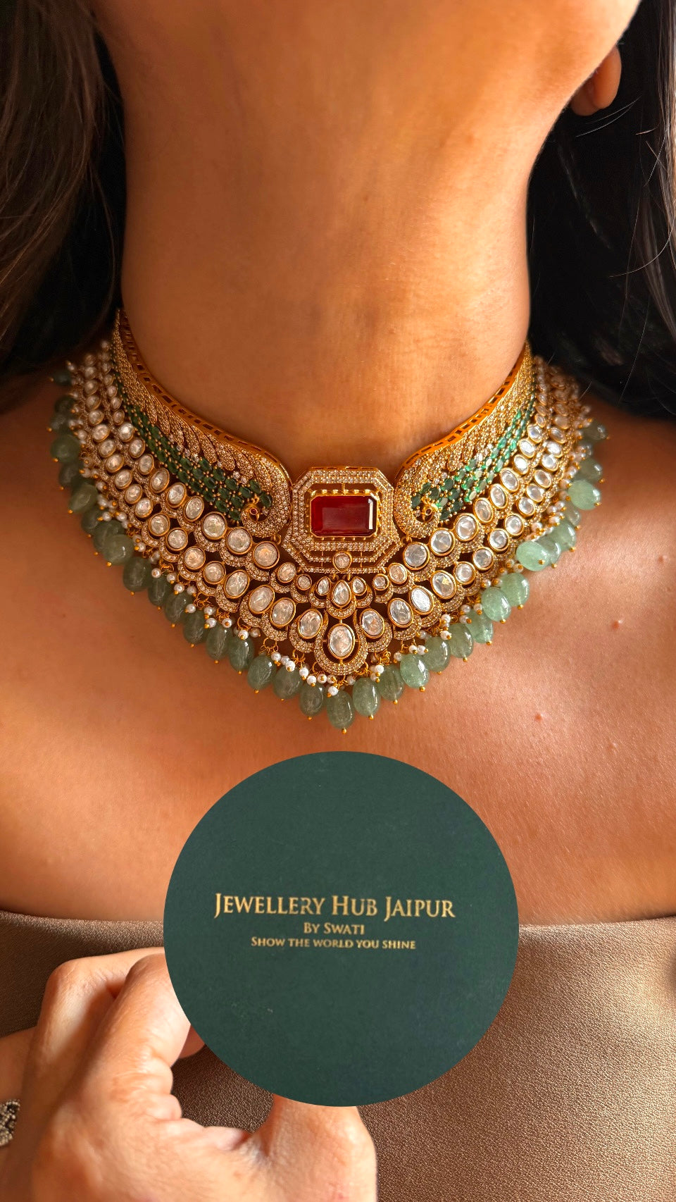 Ruby & mint drops with peacock design choker set