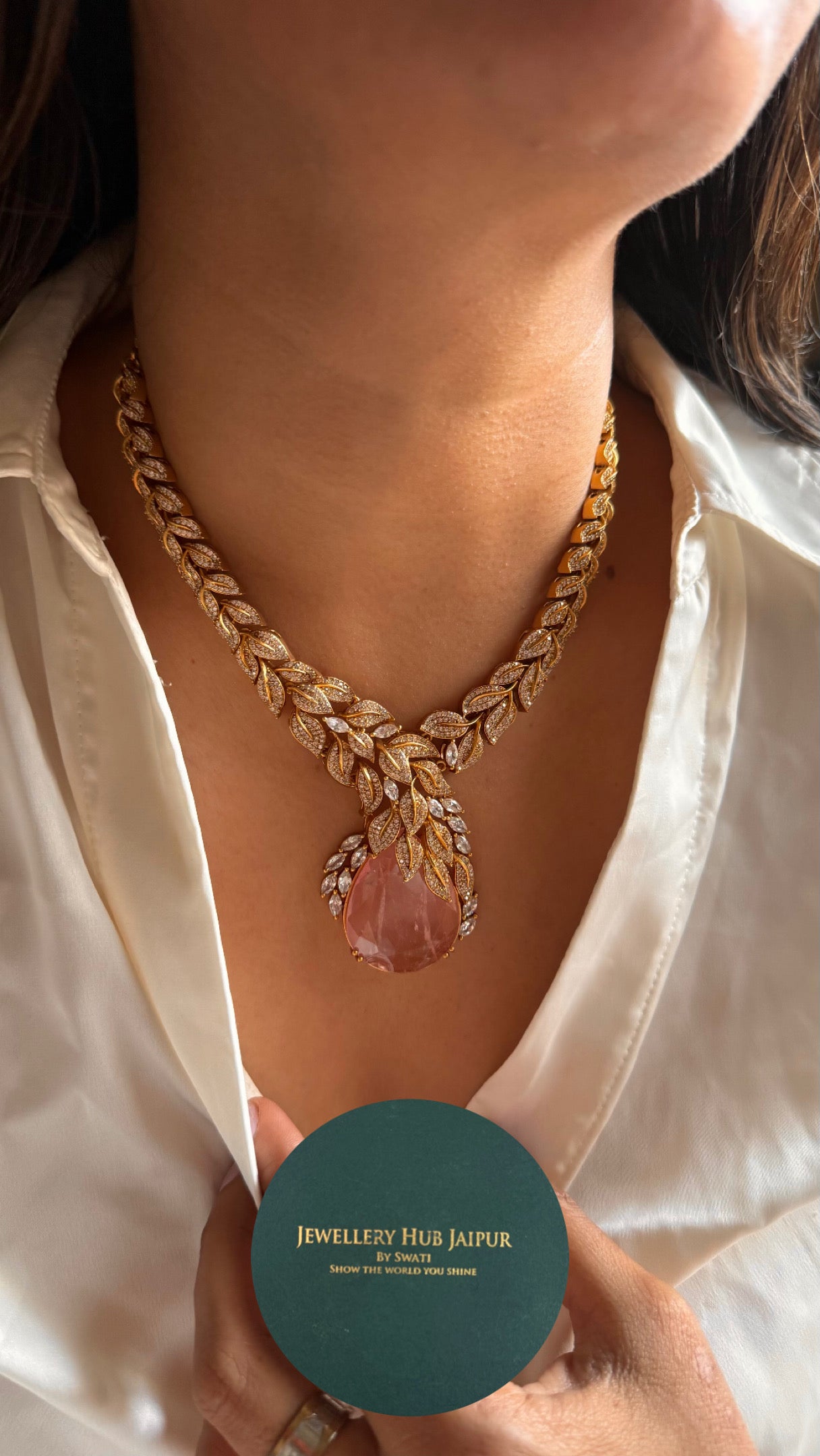 Leaf inspired rose quartz doublet designer Necklace