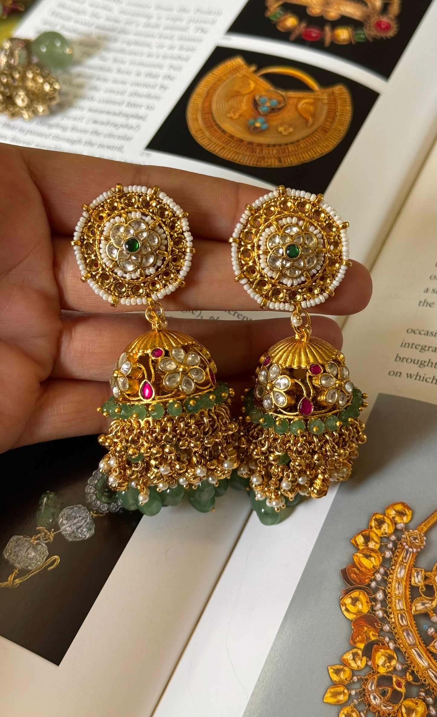 Rani pink paachi kundan with mint & gungroo drops jhumki