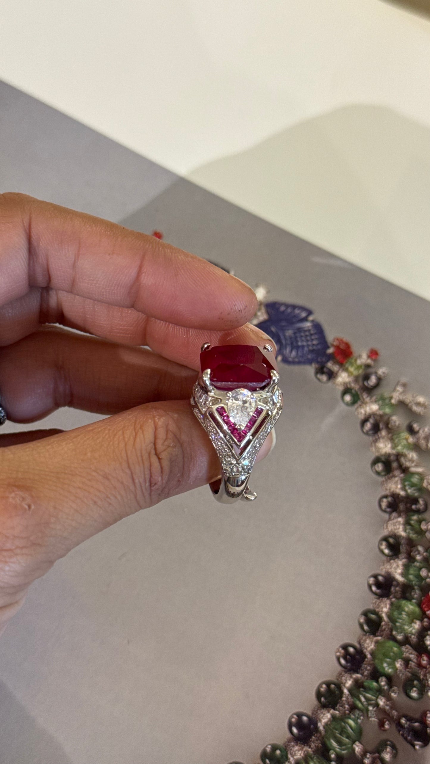 Ruby enamel diamond designer, cocktail ring
