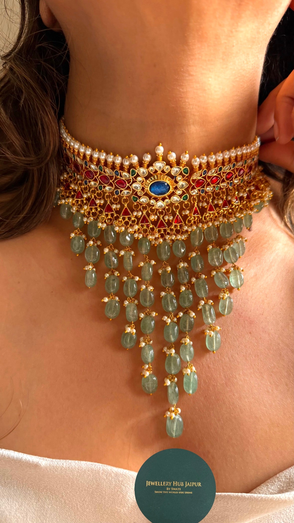 Sunheri sapphire pachi kundan mint pearl detailing Necklace
