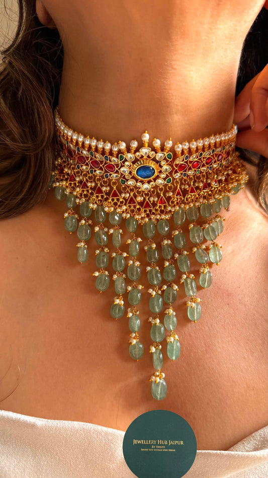 Sunheri sapphire pachi kundan mint pearl detailing Necklace