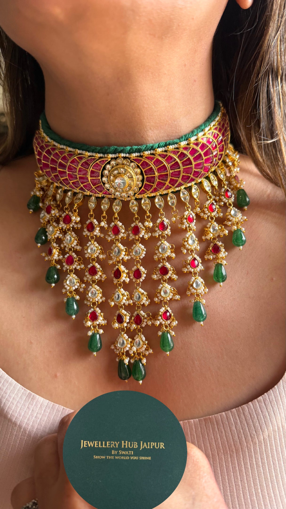 Jadau Ruby panna with emerald drops choker necklace