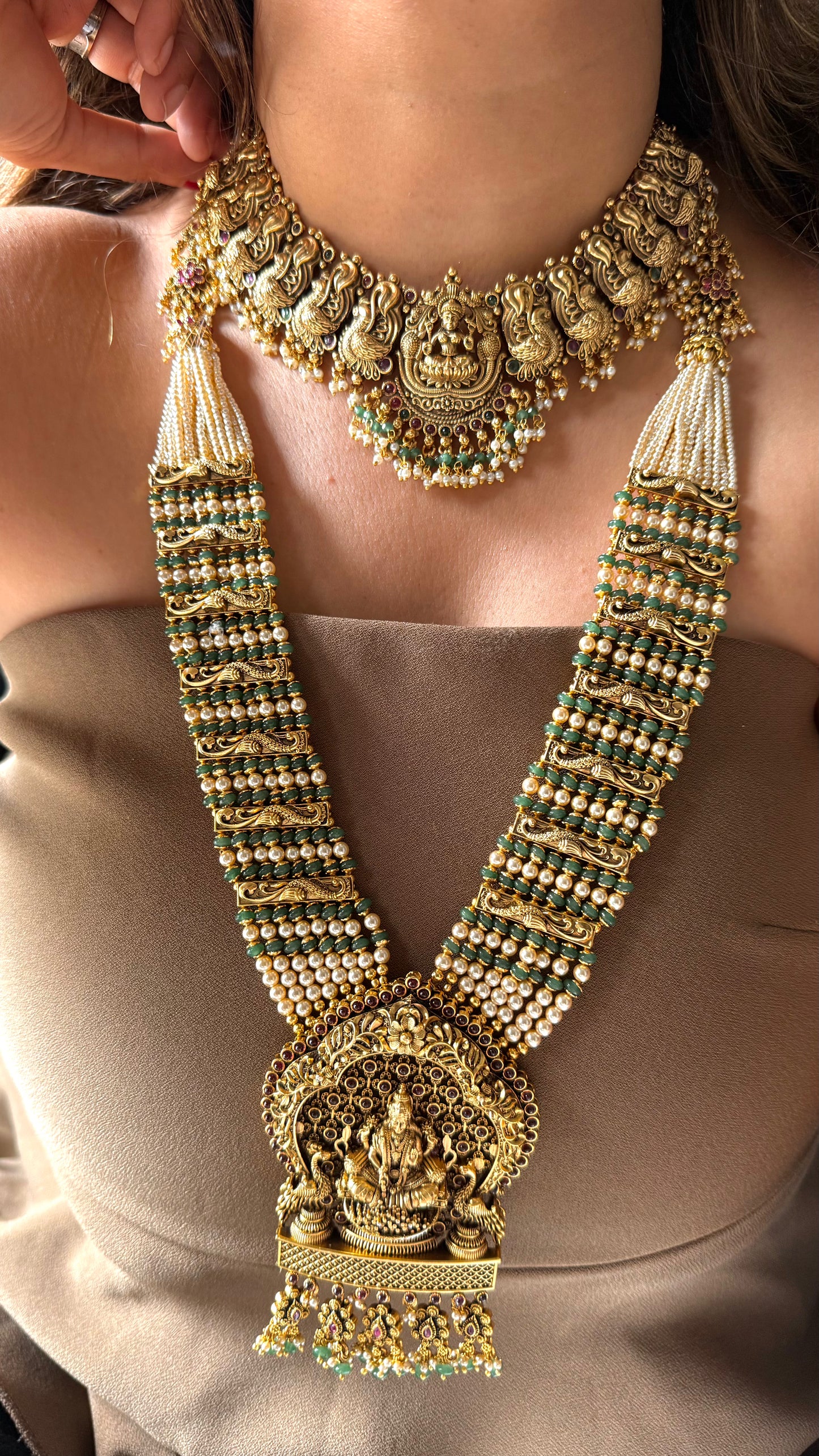 Goddess Laxmi mint & pearl temple necklace combo