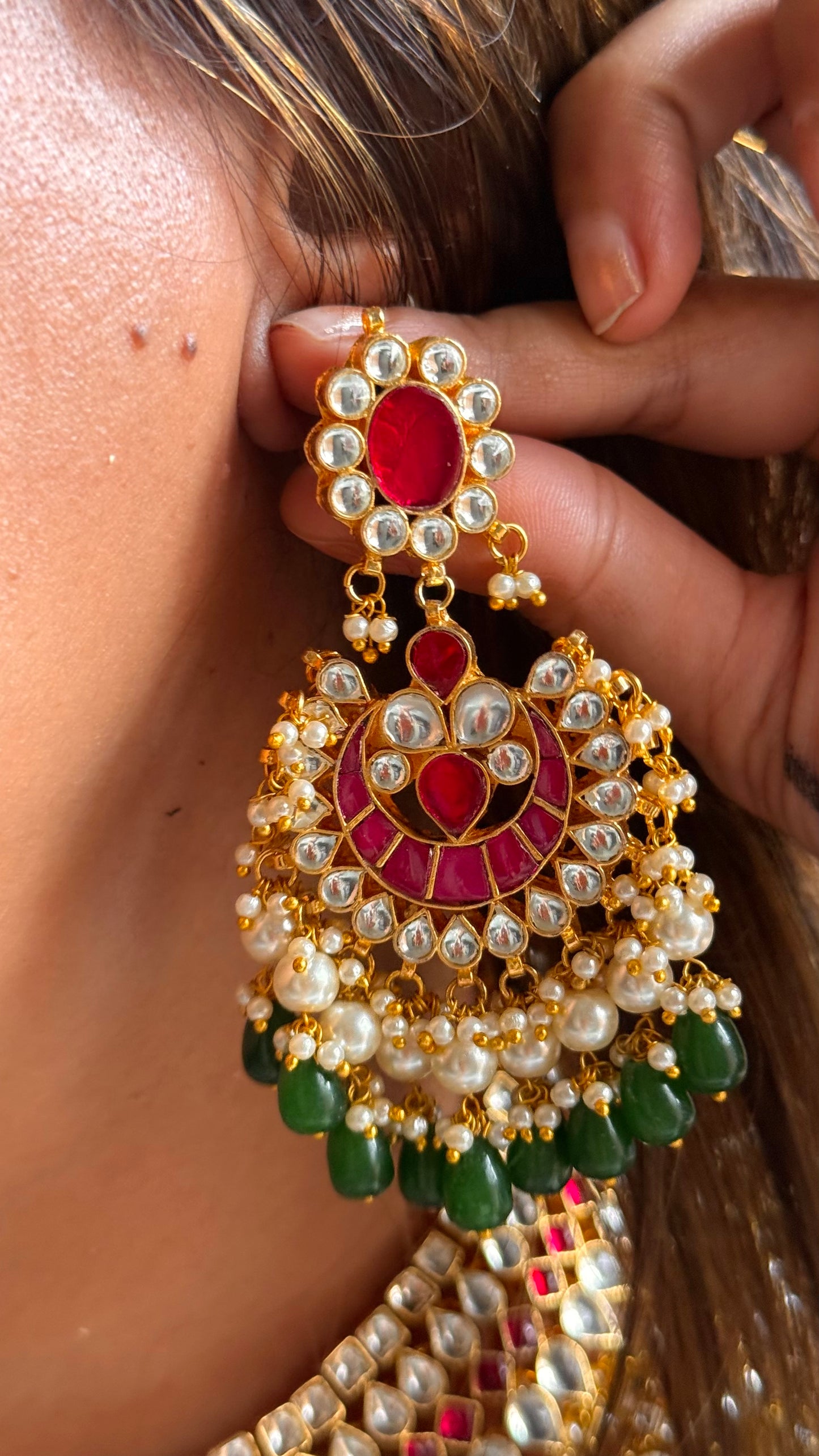 Lotus inspired emerald & Rani pink handmade Paachi Kundan jadau collar necklace