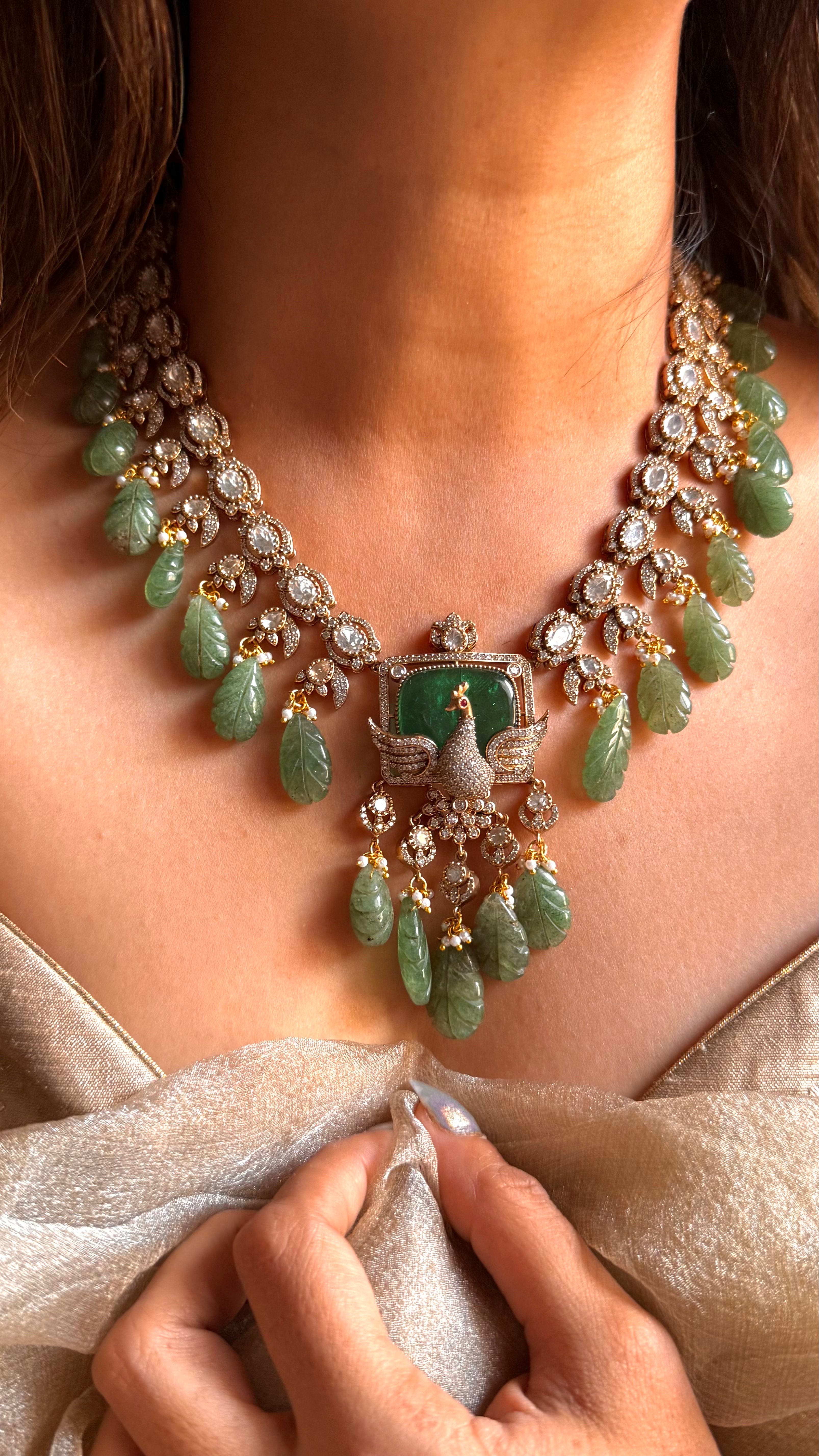 Emerald peacock with feather inlay moissanite collar necklace