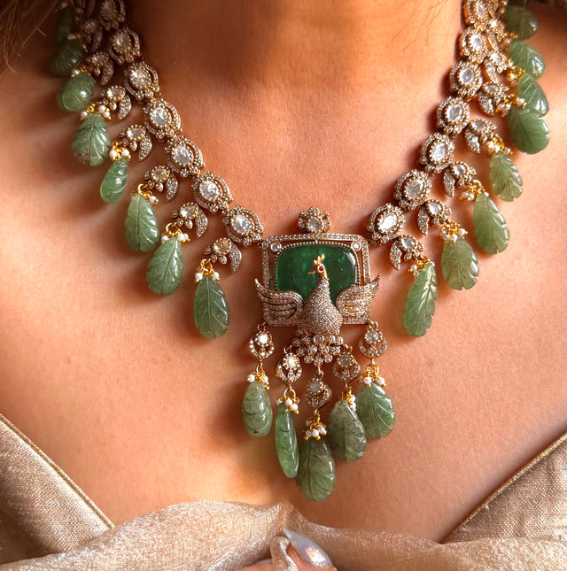 Emerald peacock with feather inlay moissanite collar necklace