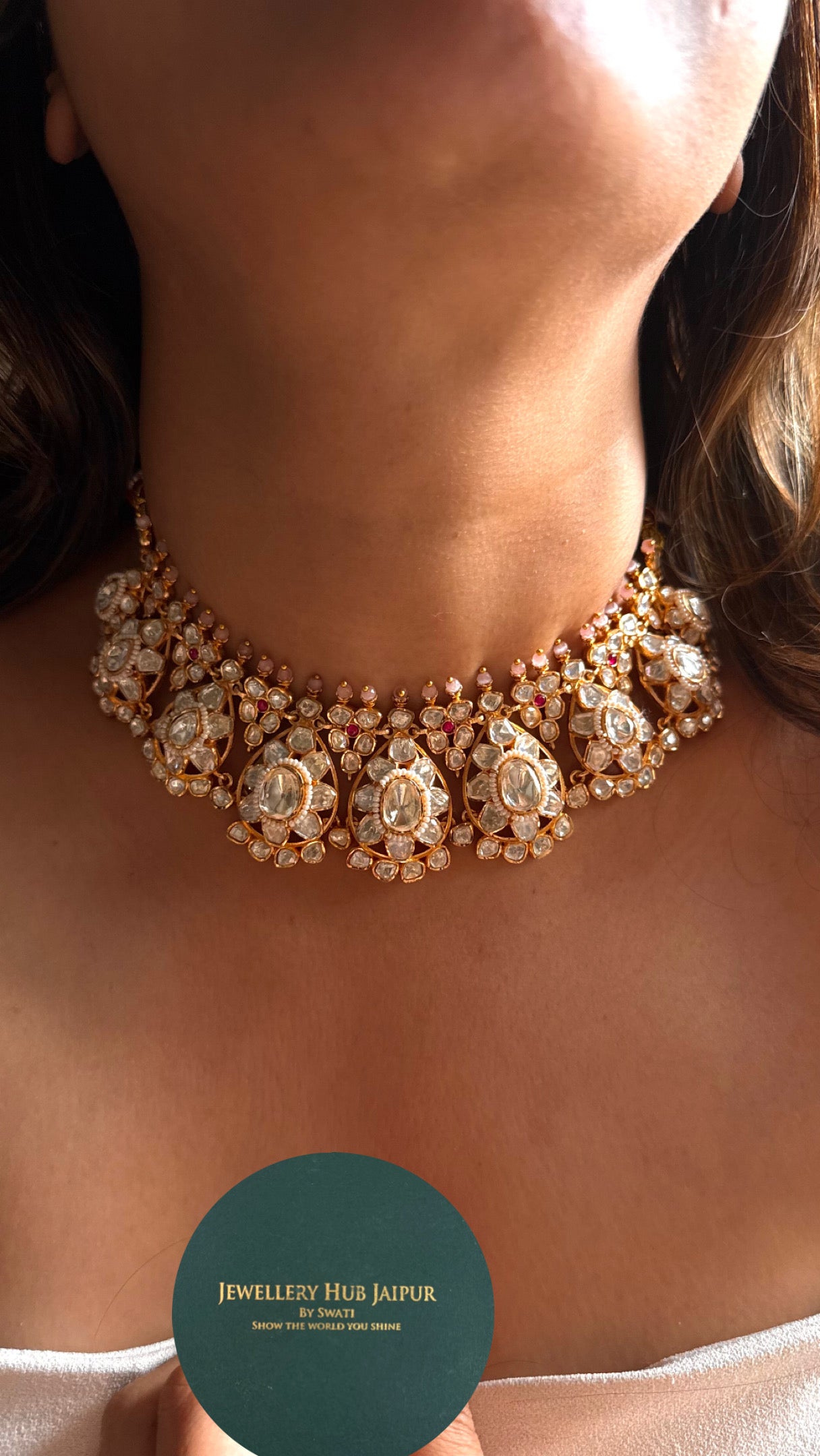 Real Moissanite rani pink floral necklace