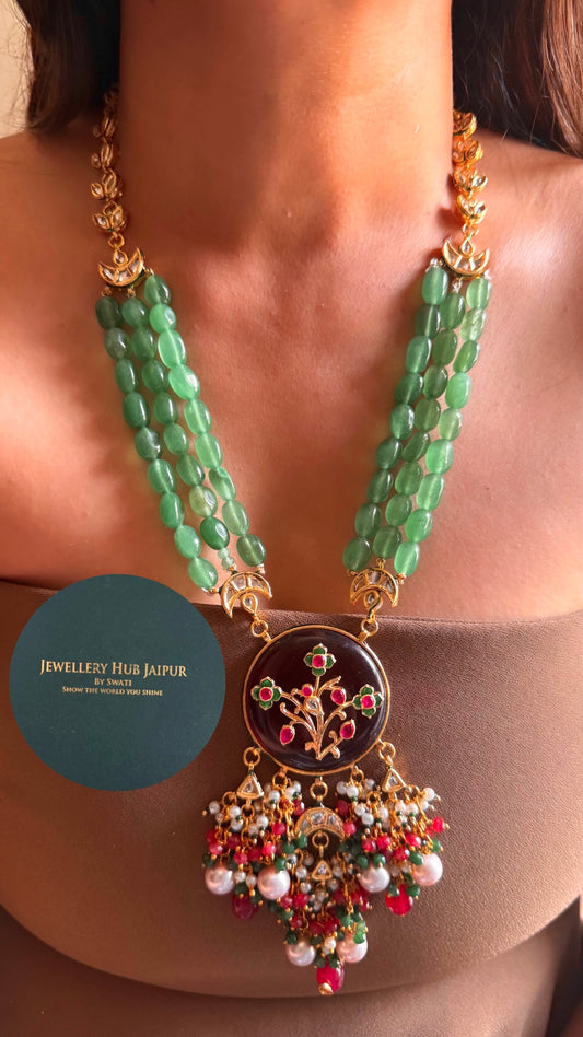 Ruby floral inlay work & mint string with meenakari paachi heritage long set