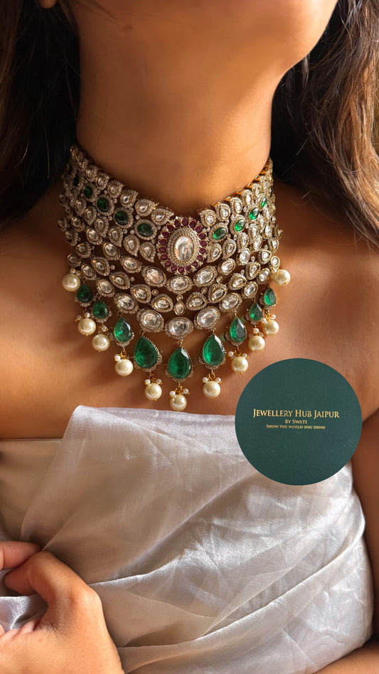 Emerald doublet & rani pink moissanite polki Victorian bridal choker set
