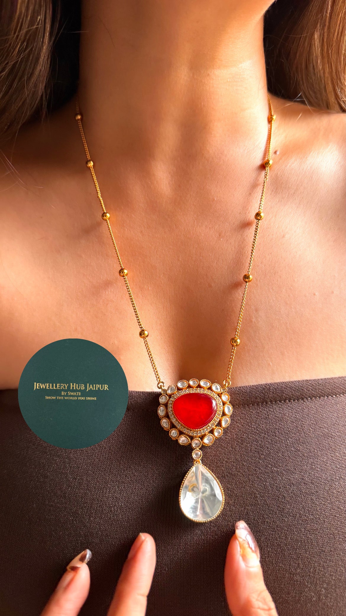 Ruby doublet moissanite uncut polki pendant set