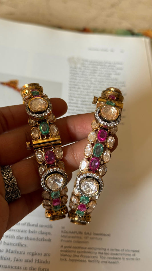 Real moissanite peeli polki rose quarts & mint bangles