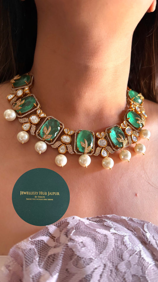 Mint doublet pearl drop designer collar necklace