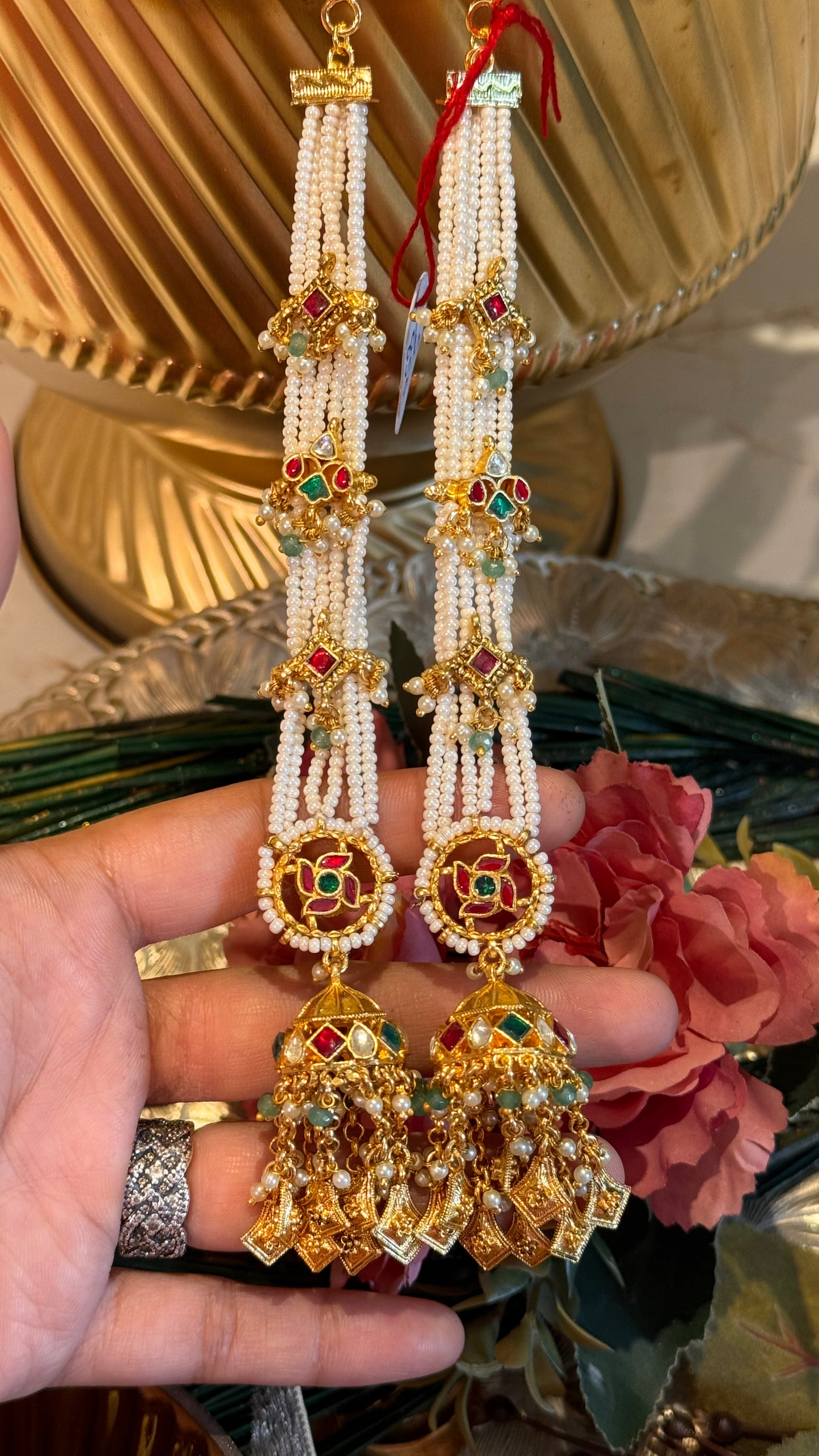 Swastik handmade heritage jhumki with attached earchain with paachi detailing