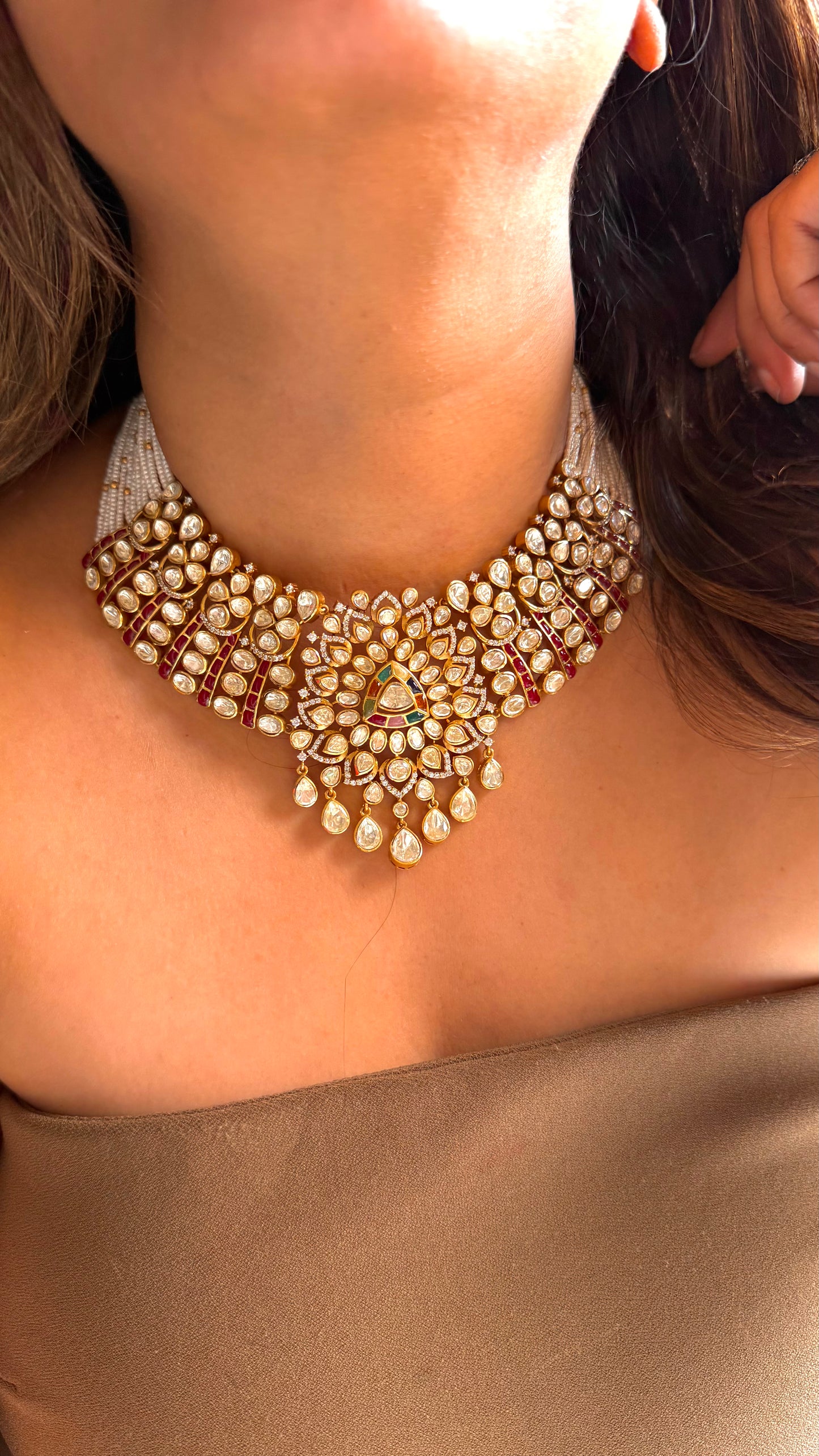 LV shade Polki Navratna Moissanite Necklace
